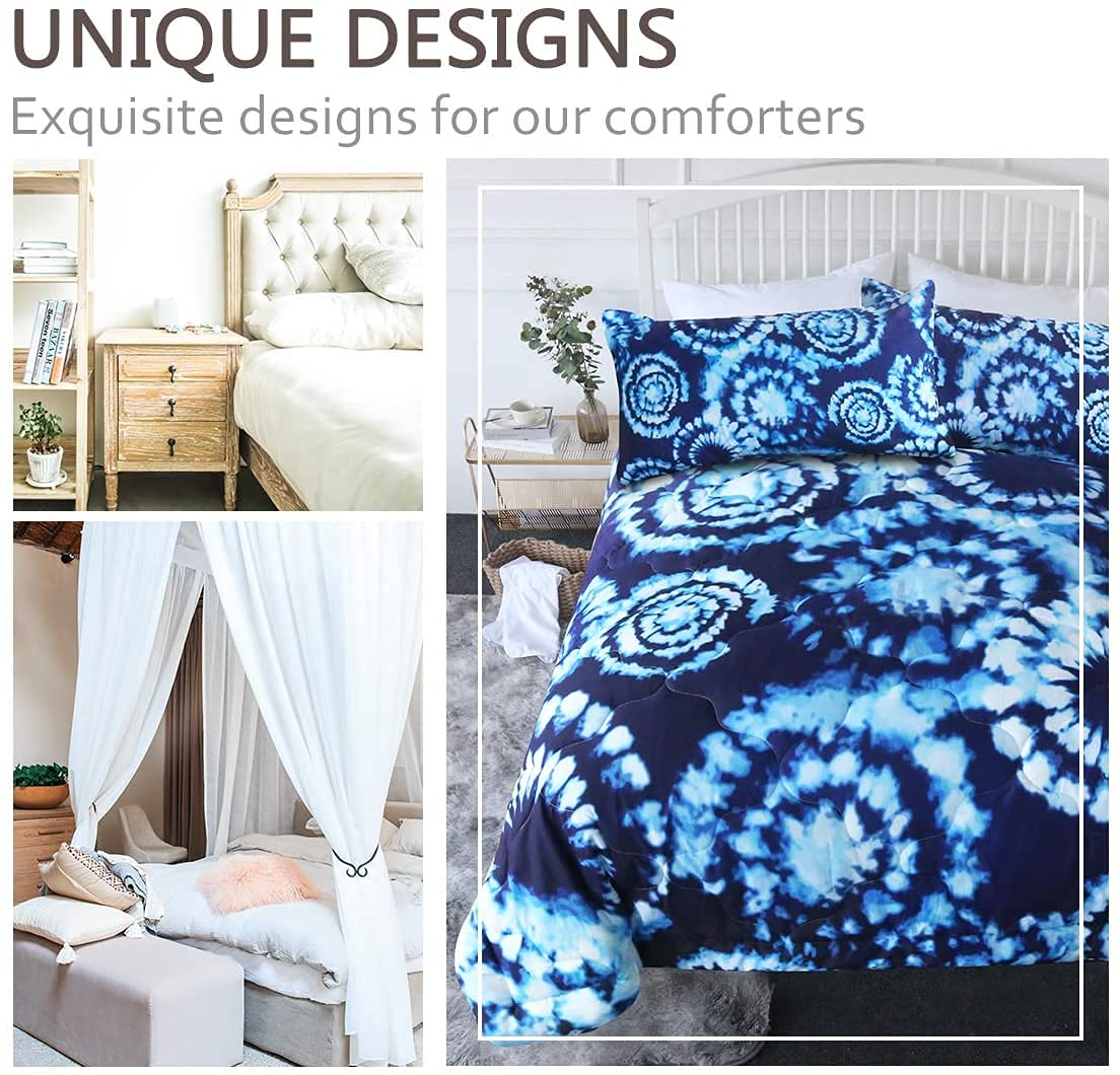 BlessLiving Blue Tie Dye Queen Comforter Set 3 Piece Trippy Bedding Set with 3D Printed Boho Designs Reversible Comforter Full/Queen Size Bed Sets for Adults Men Soft Comfortable
