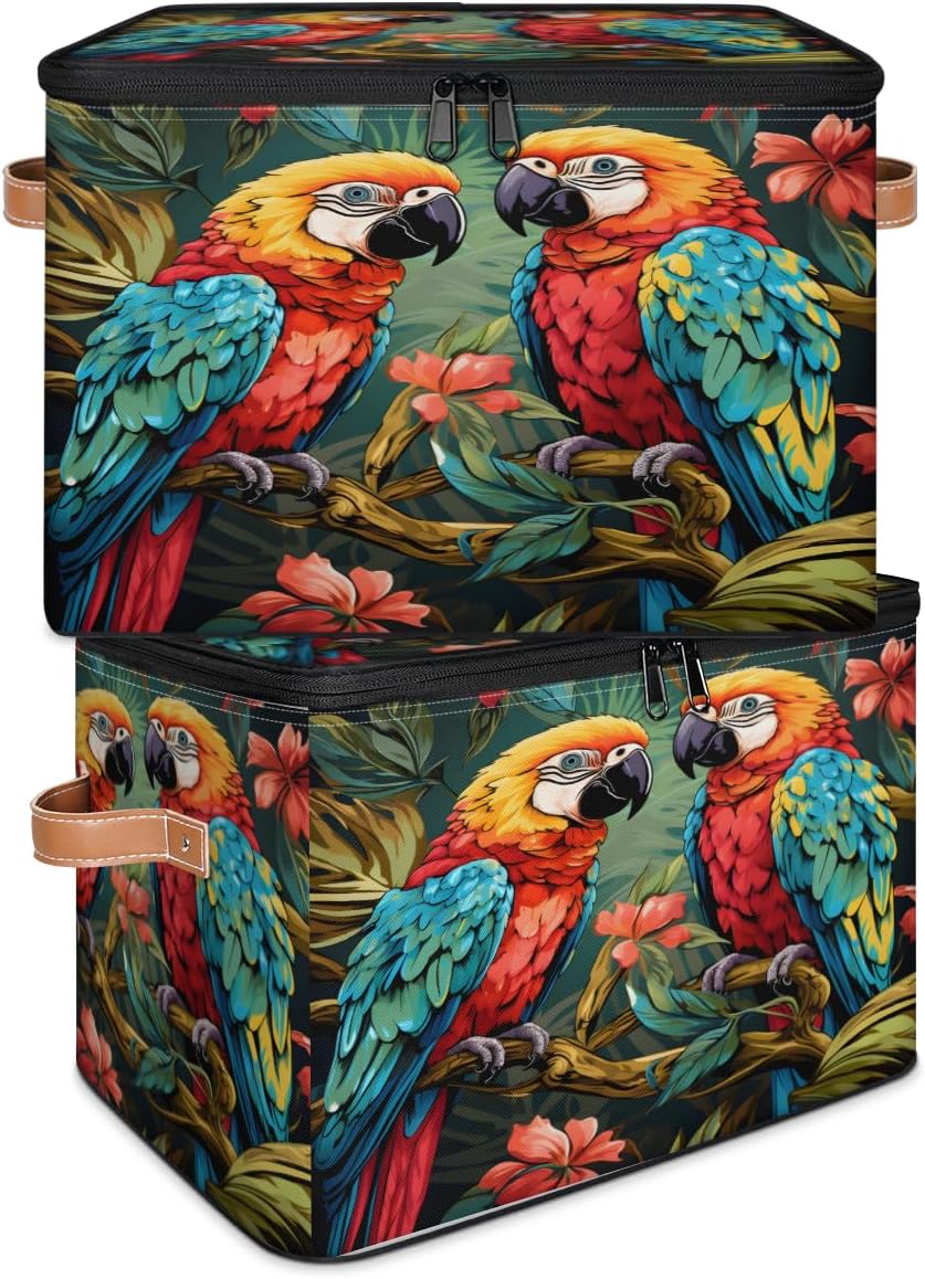 Storage Bin Set of 2 Tropical Parrot Storage Basket with Zipper Lid & Handle Foldable Closet Shelf 2 Pack Cloth Organizer Basket Cube Bins Clothes Organizer for Nursery, Bedroom