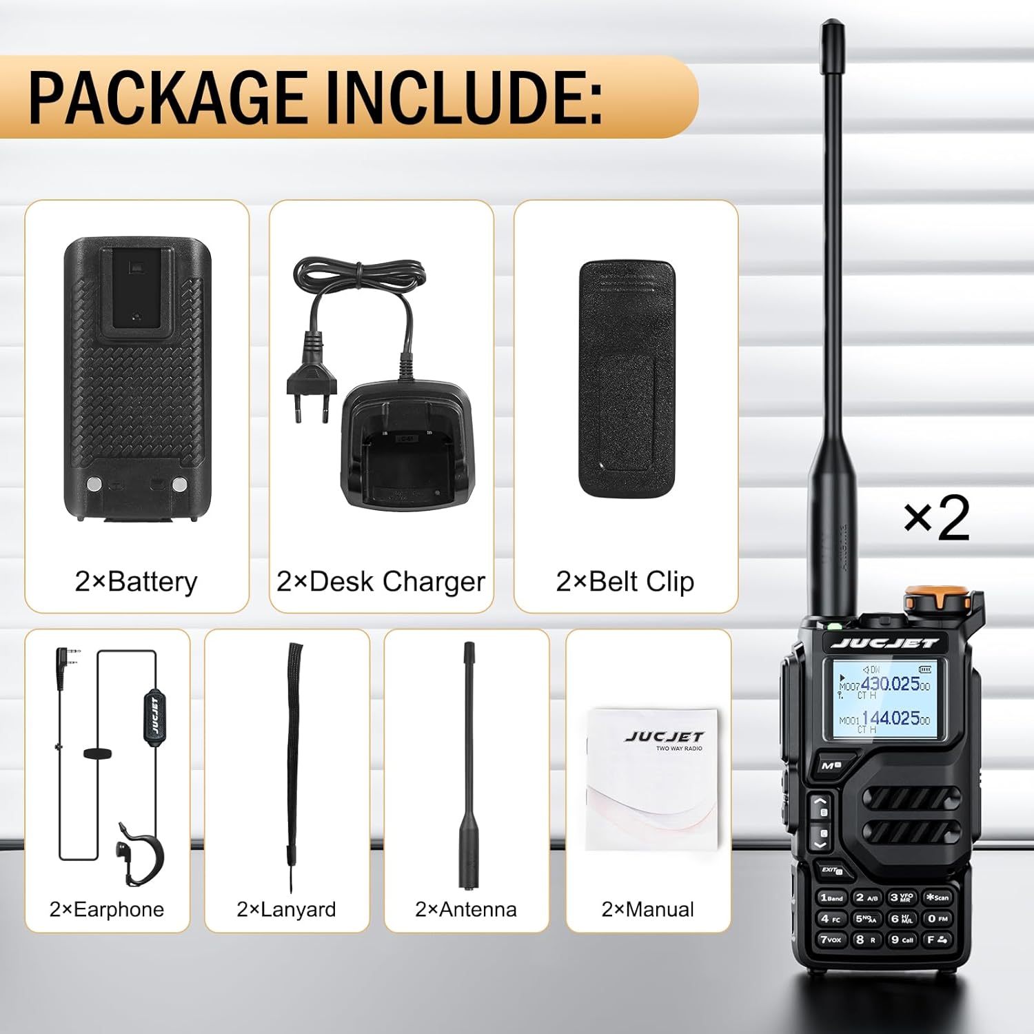 Radio Walkie Talkie JUCJET 5RH - 2 Pezzi, 999 Canali, Batteria 2500mAh, Portata 8-12km