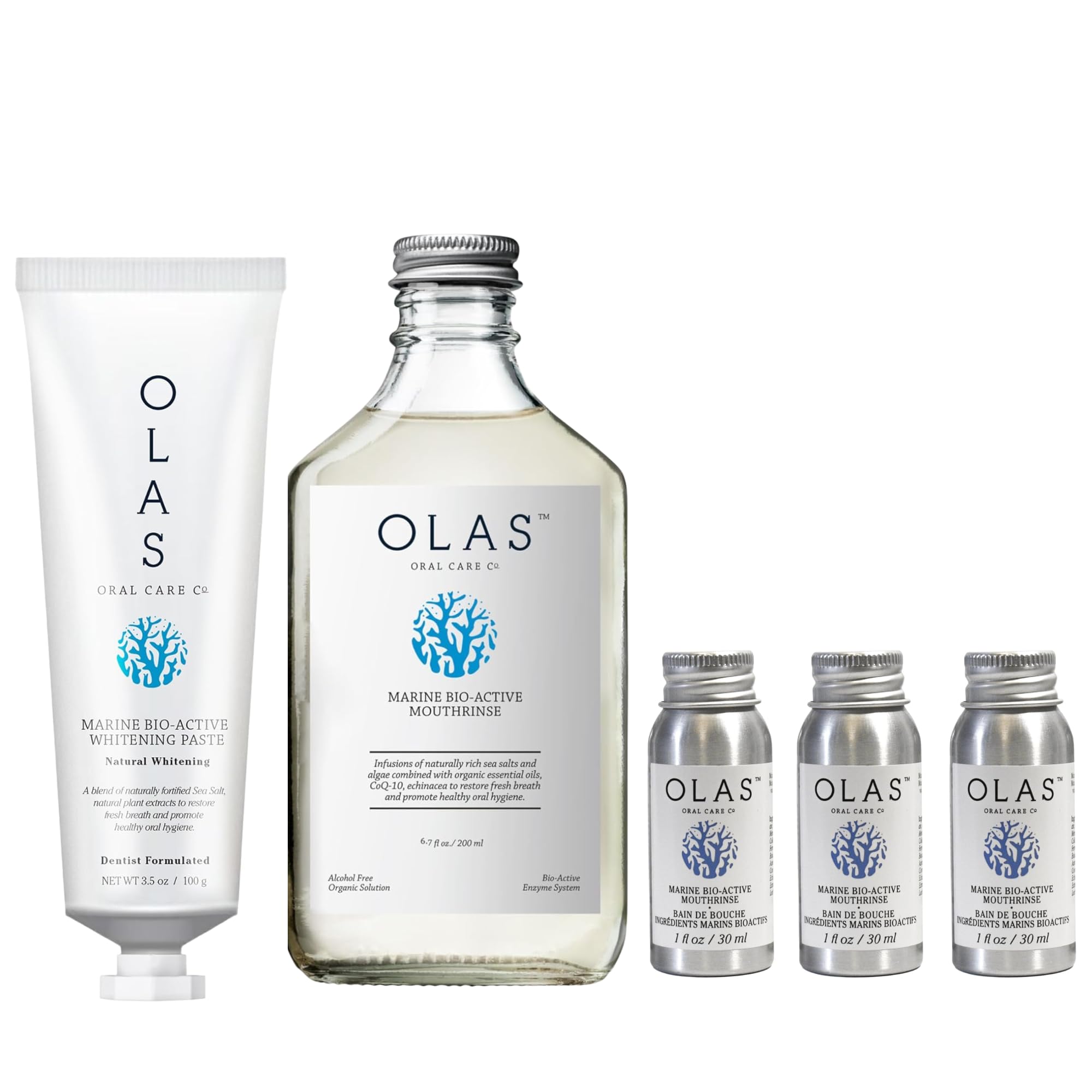 OLAS Complete Oral Care Collection Marine Bio-Active Toothpaste 3 5oz Alcohol-Free Mouthwash 200ml Travel 3-Pack 1oz Each Dentist-Formulated