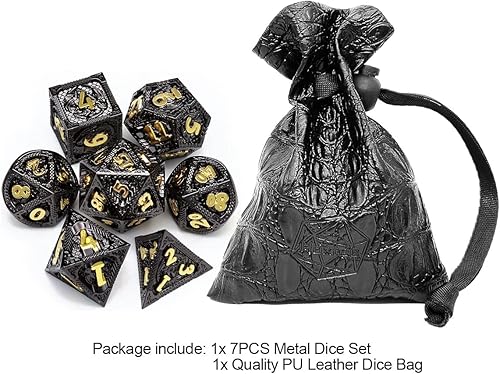 Miniatura 2 de Haxtec Juego de dados DND de metal negro dorado DD con elementos de dragón que respiran fuego y bolsa de dados de cuero dados poliédricos para