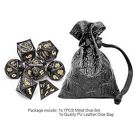 Haxtec Metal DND Dice Set Black Gold Metal D&D Dice with Fire-Breathing Dragon Elements & Leather Dice Bag Polyhedral Dice Compatible with Dungeons and Dragons TTRPG Gifts
