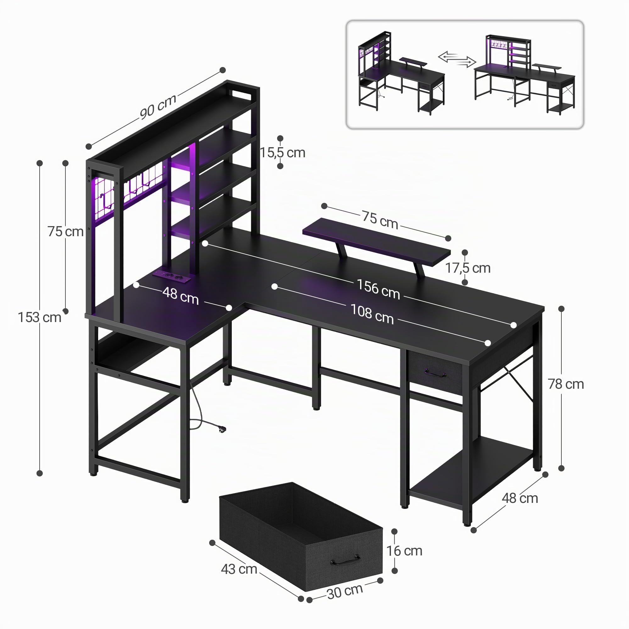 Hzuaneri Bureau Gaming L RGB 156x90cm Noir