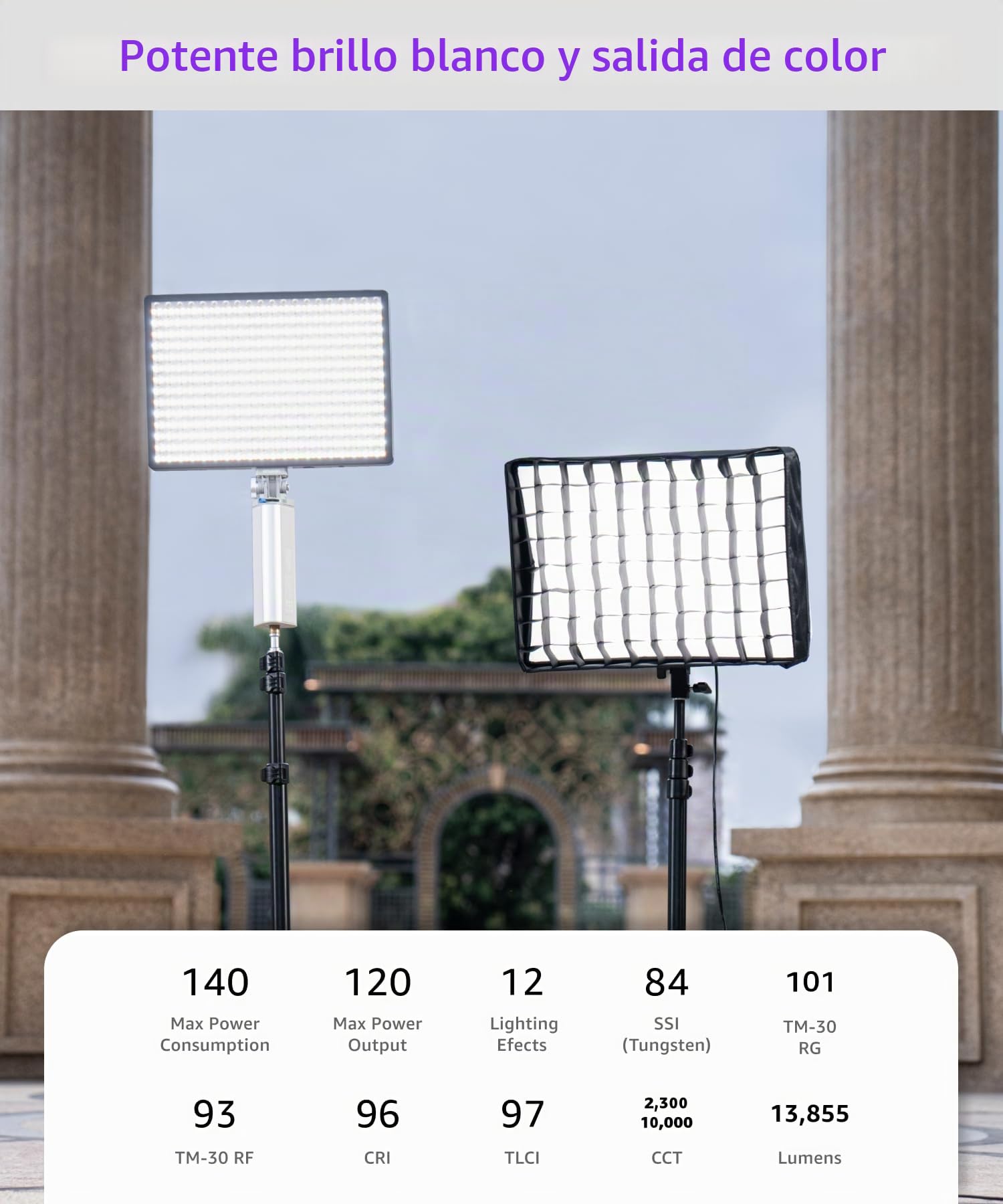 amaran Pano 120c Kit Luz de Panel RGBWW 120W, hasta 13,490 Lux a 1m, USB-C PD y Adaptador DC 150W, con Softbox, Rejilla, Difusor y Estuche para Fotografía y Video - Carbón