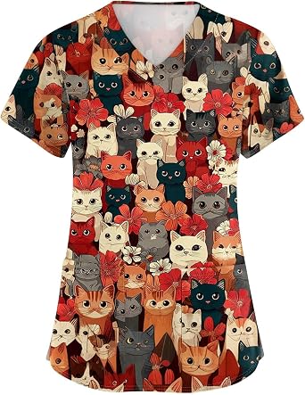 Womens Heart Print Animals Nurse Uniforms 2026 Scrub Tops for Women, Short Sleeve V Neck Scrub Shirt with Pocket S-5XL