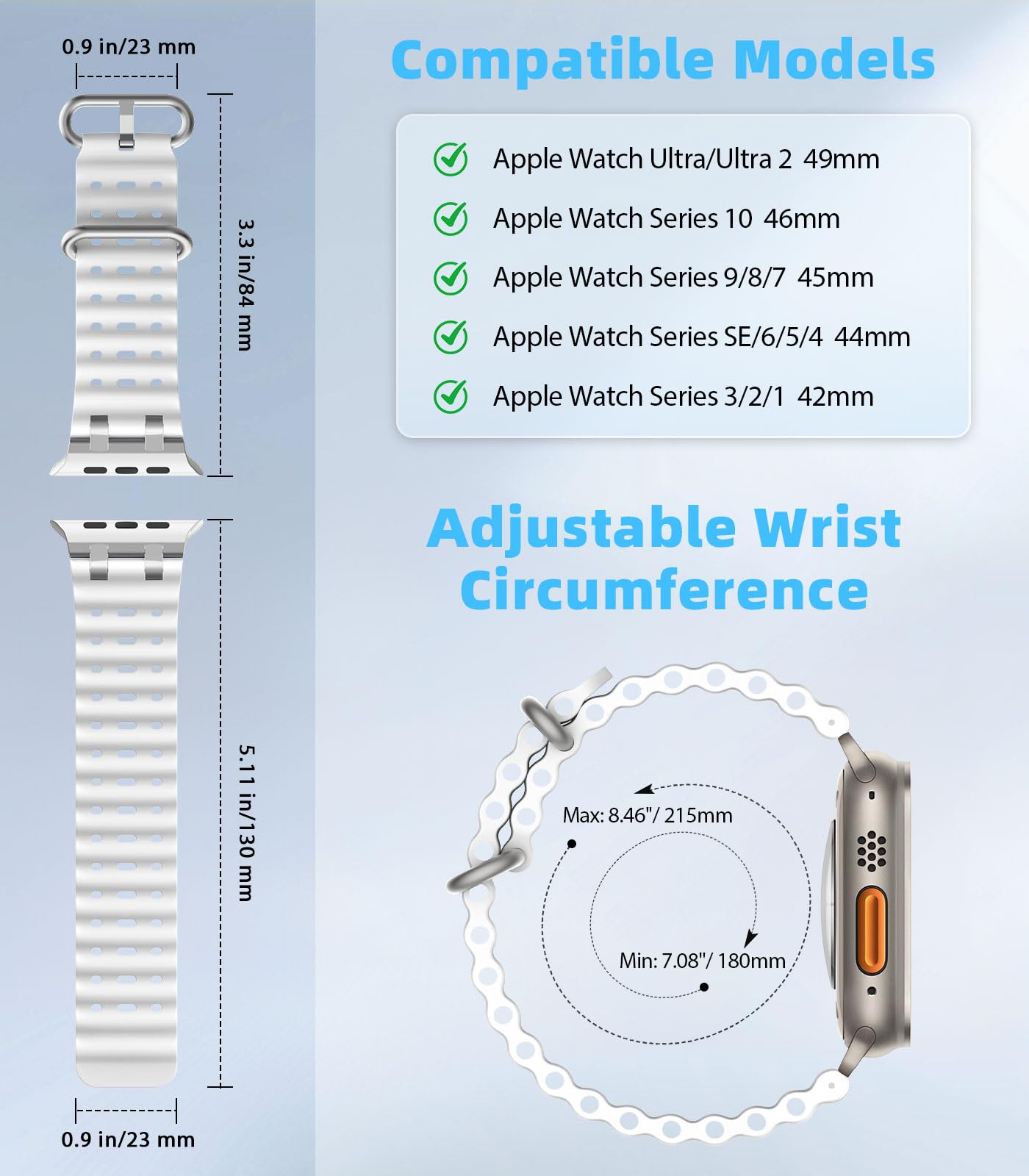 MoKo Cinturino Ocean Compatibile con Apple Watch Ultra 3/2/1 49 mm, S11/S10 46 mm, 9/8/7 45 mm, SE3/SE2/SE/6/5/4 44 mm, 3/2/1 42 mm, Cinturino Sportivo in Silicone Traspirante