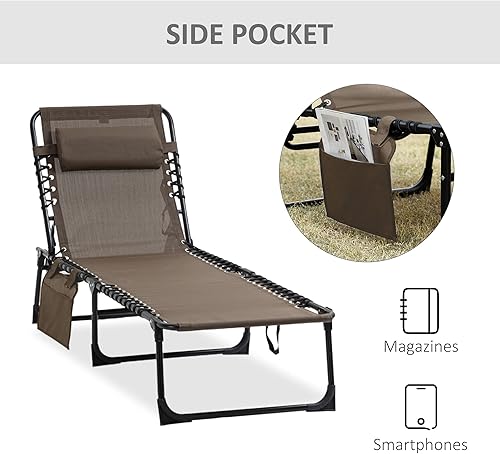 Miniatura 7 de Outsunny Tumbona para exteriores, silla de bronceado ajustable de 5 posiciones con asa de transporte y bolsillo lateral, cuna plegable con almohada