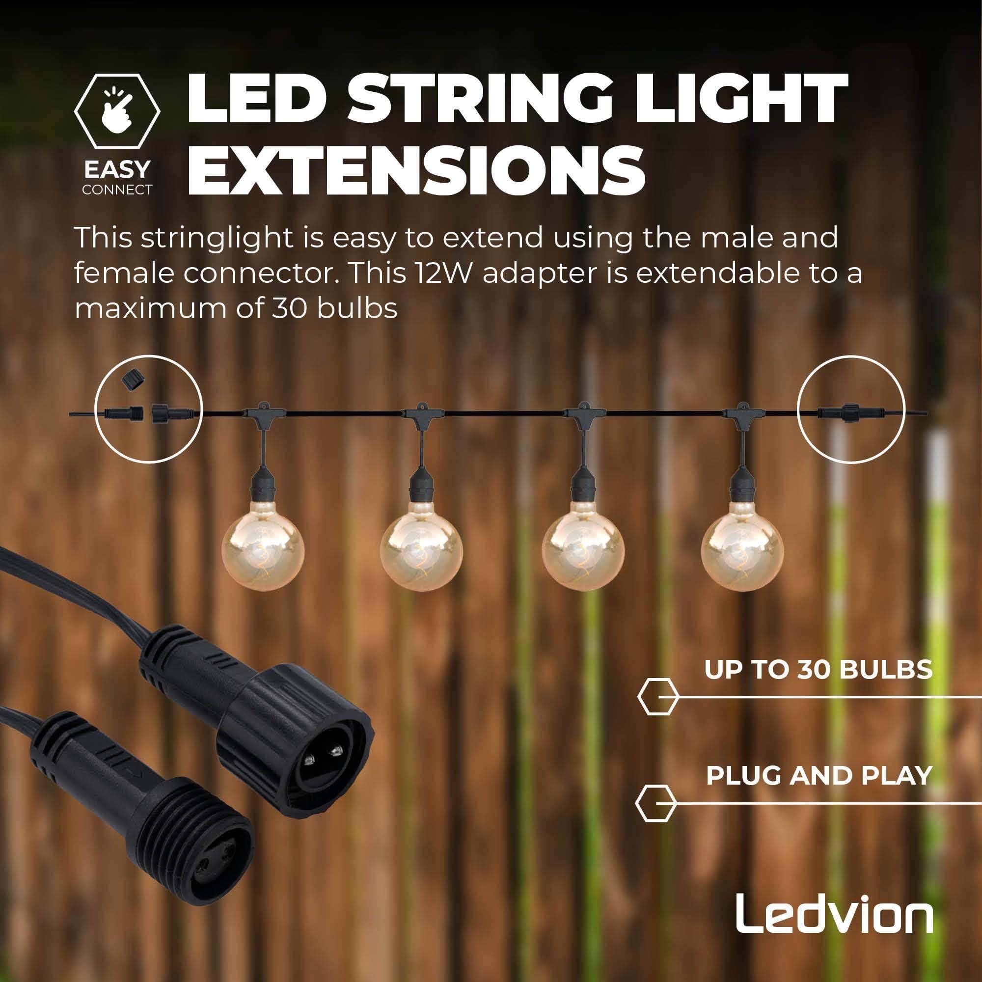 Ledvion - Guirnaldas Luces LED, 10M, IP44, 12W, 450Lm, Blanco cálido, 2700K, 12V, Luces de jardín, Luces de exterior, Impermeable, Conectable