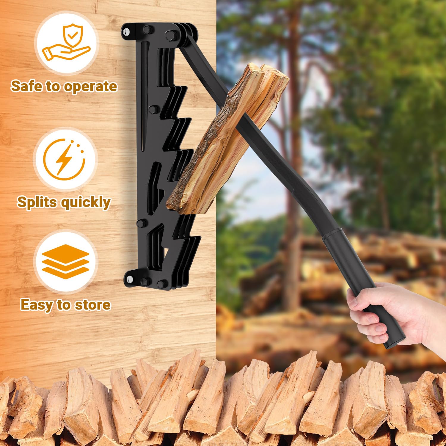 Fendeur de bûches manuel avec longue poignée, fendeur de bois de chauffage portable pour bois tendre, avec sac à bois de chauffage, pour l'intérieur et l'extérieur, noir