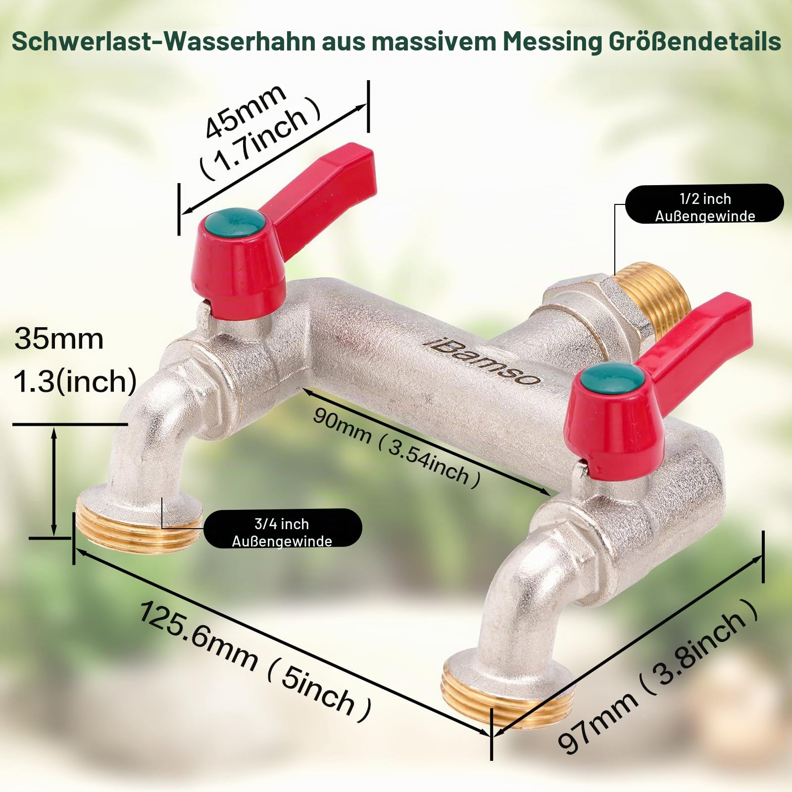 Messing 1/2 Zoll Doppelhahn & Splitter, 1/2 Zoll Einlass & zwei 3/4 Zoll Ausgänge, Kugelhahnhahn, 2-Wege-Wasserhahnanschluss