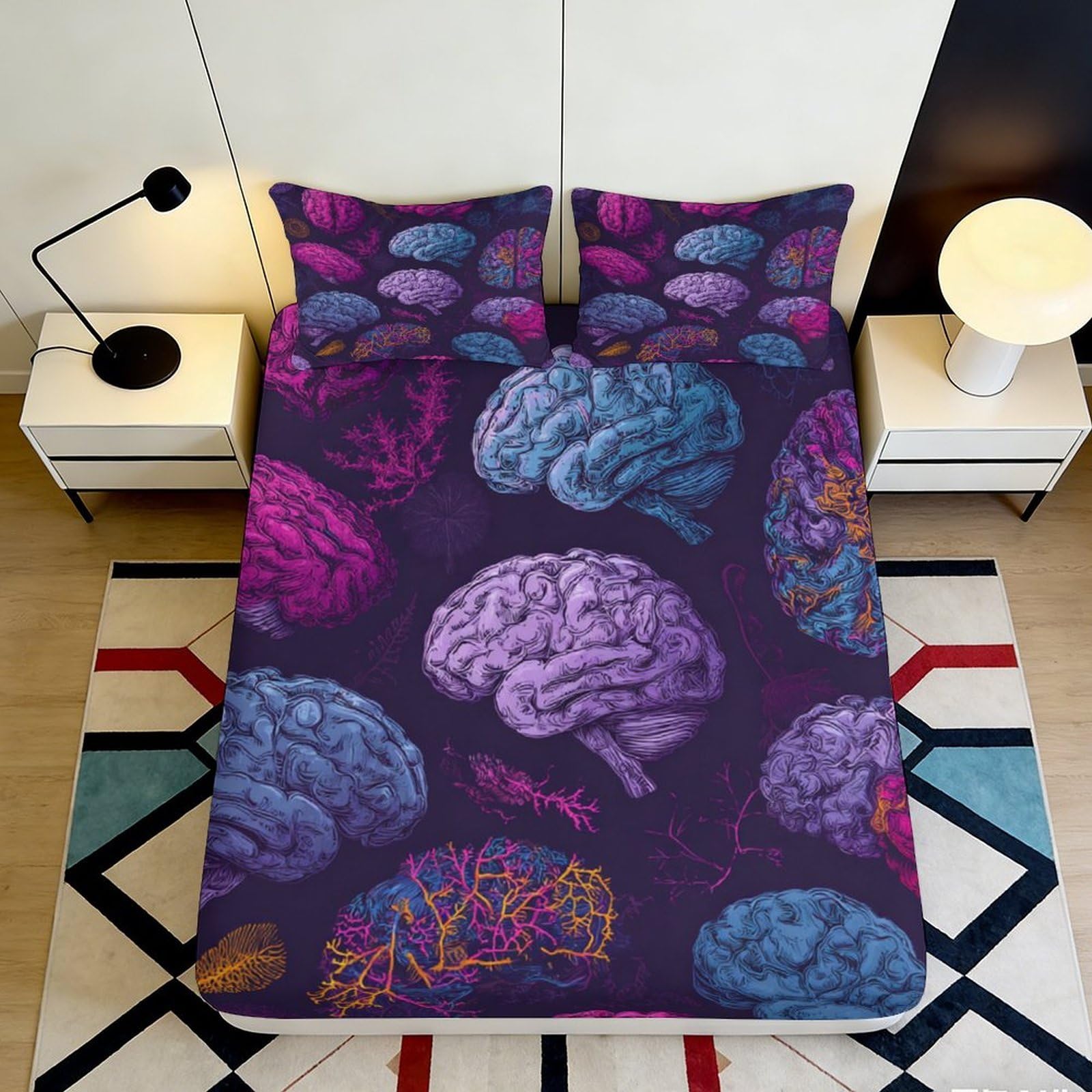 Uxinyoume Style-4 3D Printed Colorful Brain Pattern Fitted Sheet Microfiber Soft Artistic Bed Sheet For Bedroom Dorm Mattress Decor 90X200x25cm