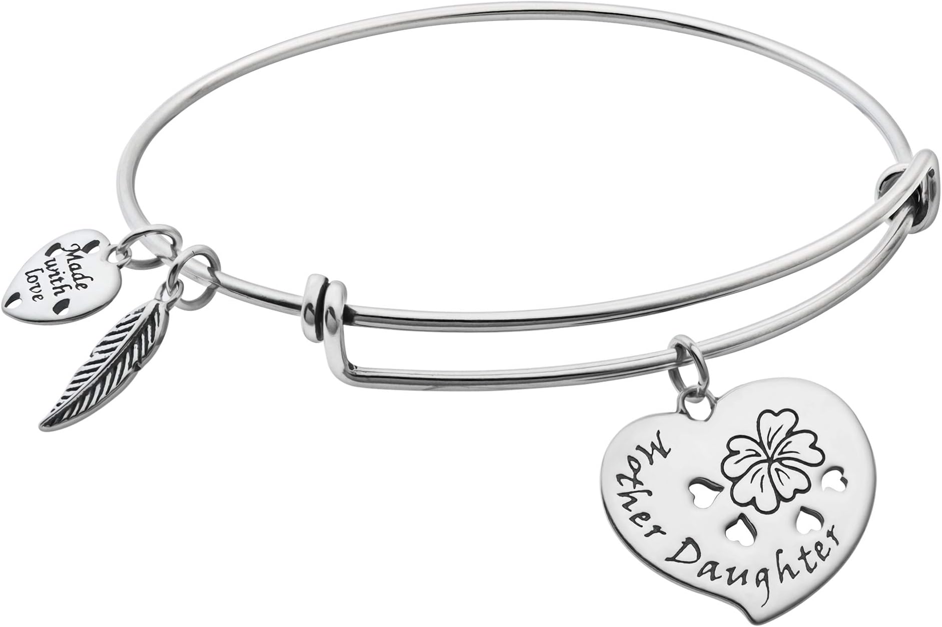 Qina C.925 Sterling Silver Mother & Daughter Heart Dangle Charm Adjustable Wire Bangle Bracelet