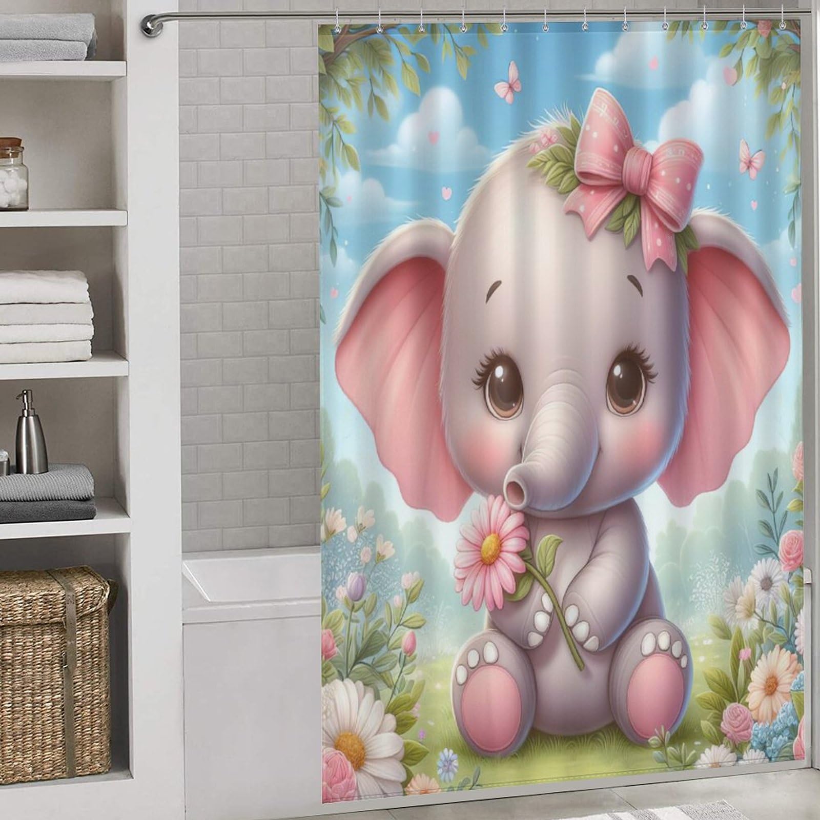 Rideau de douche éléphant en tissu imperméable pour salle de bain 152x183cm