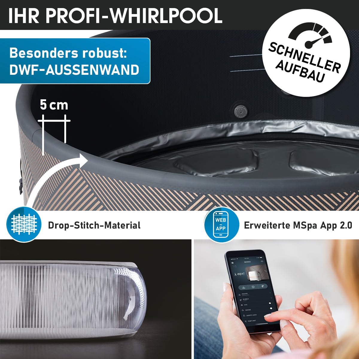 BRAST Whirlpool aufblasbar MSpa Frame Mono Eco für 8 Personen | Ø192x65cm | 144 Massagedüsen in 3 Intensitäten | In- Outdoor Pool | Ganzjähriger Einsatz Winterfest | einfache Steuerung per App