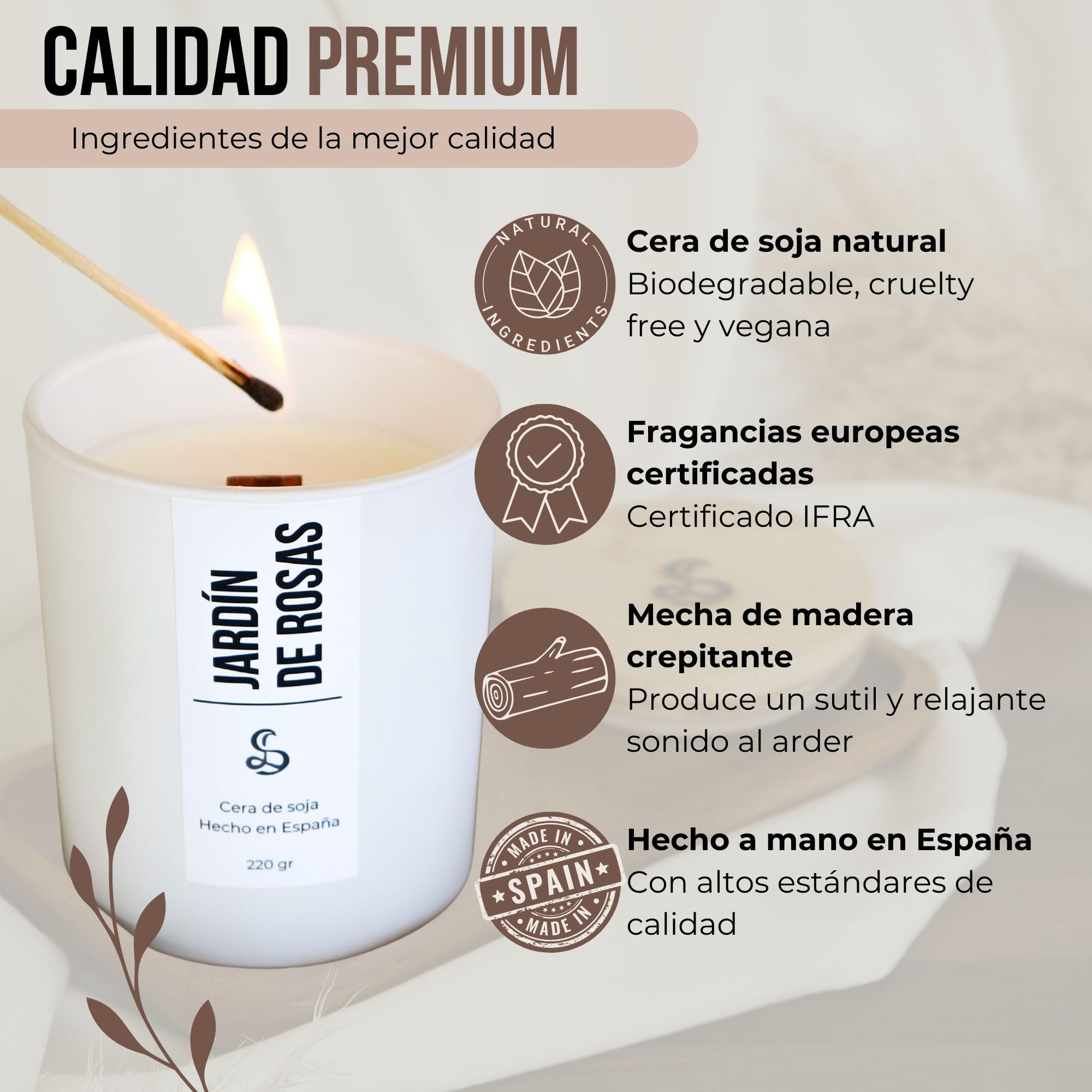 Vela Aromática de Rosas Grande - Aroma Intenso | Cera de Soja, Mecha de Madera, Cerillas de Regalo