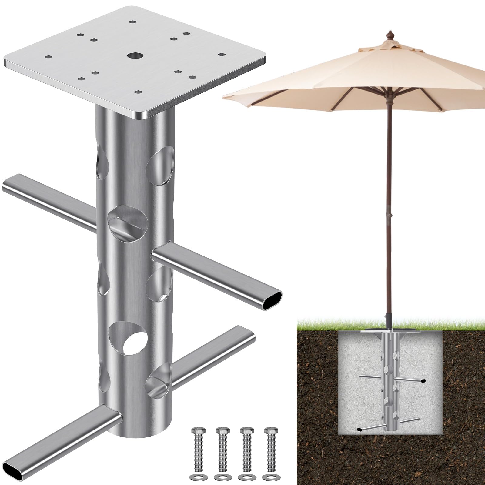 Lifeswell Universal In-Ground Umbrella Base, Rust-Resistant Steel Concrete Holder, Space-Saving Design for Outdoor Offset Cantilever Upright Umbrella Stand