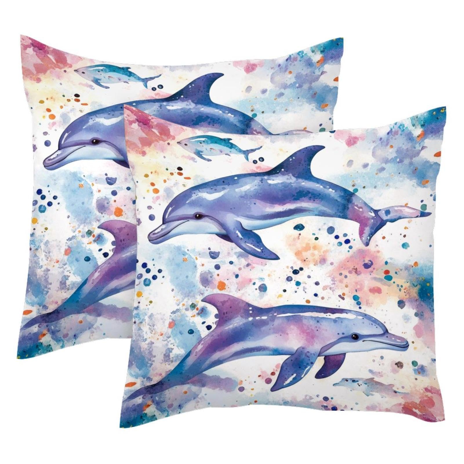 Housses de coussin velours 50x50 cm dauphin aquarelle taie oreiller canapé déco lot de 2