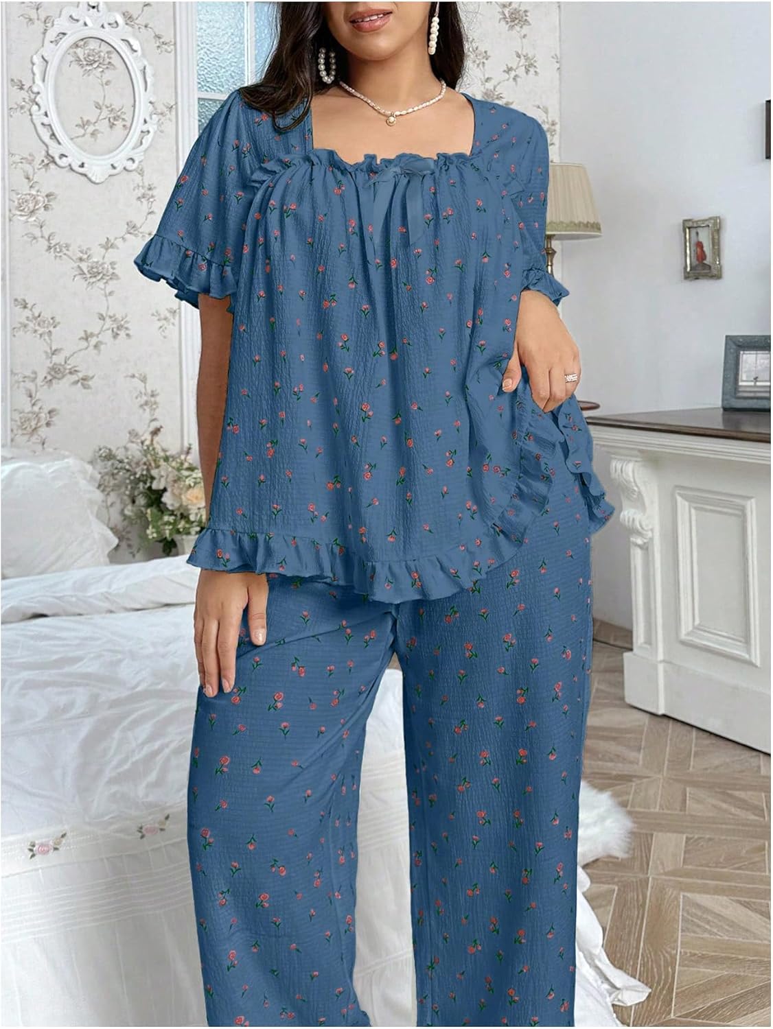 OYOANGLE Women's Plus Size Pajama Set Floral Short Sleeve Sleepwear Ruffle Pants 2 Piece Pjs Lounge Set - Image 6