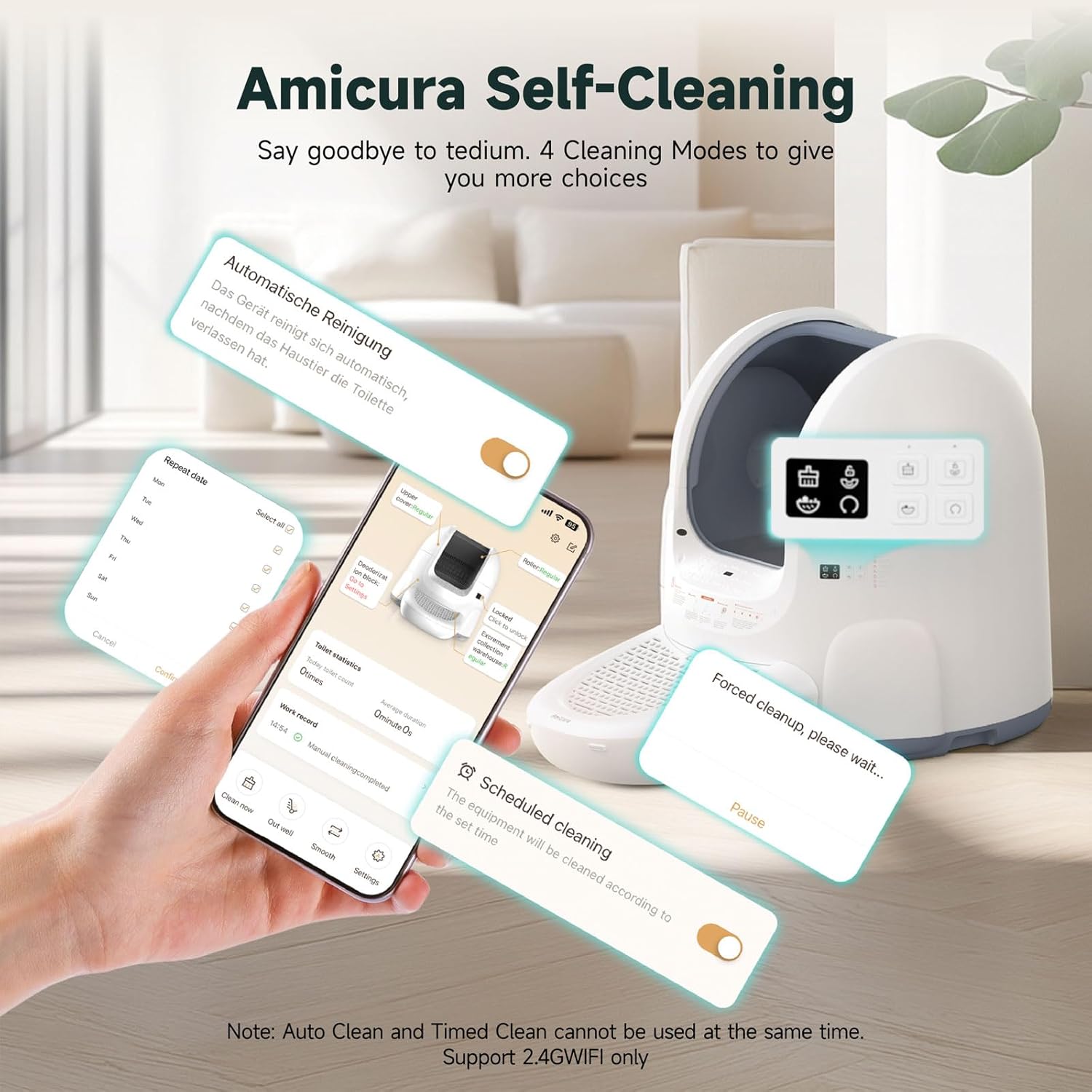 Smartphone screen showing the Amicura app with options for automatic cleaning, scheduled cleaning, and forced cleanup, next to the Amicura Cura 2 litter box.