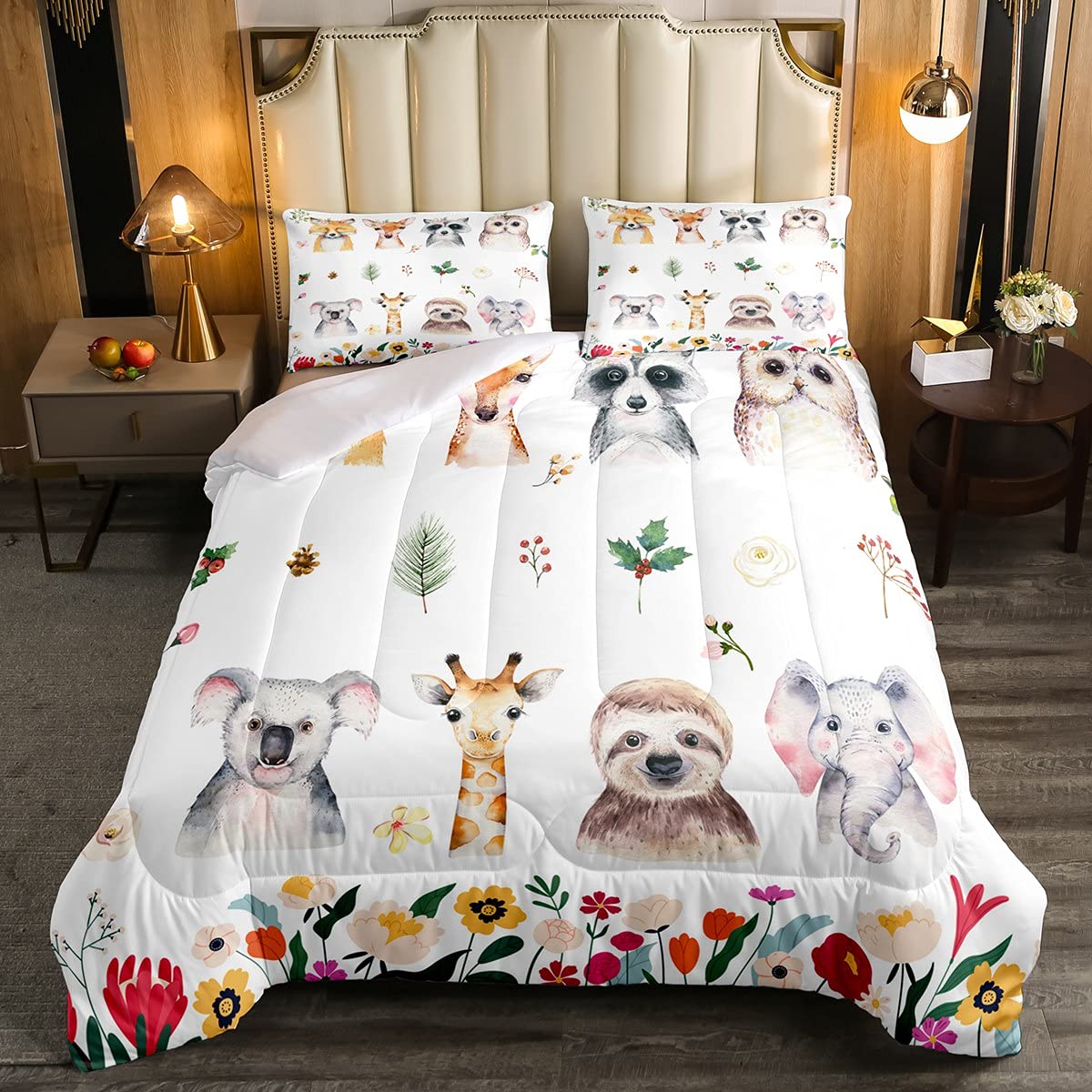 Parure de lit pour garçons et enfants - Motif animaux Kawaii - Feuilles vertes - Décoration de chambre - Aquarelle - Paresseux koala - Pour chambre à coucher - Motif girafe et éléphant - 1 couette et