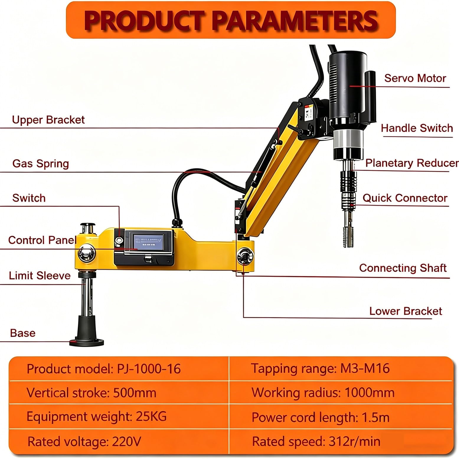 Maschiatrice elettrica multidirezionale a 360°, Braccio maschiatore Elettrico per filettature da M3 a M16, Potenza 600W, 8 pinze Incluse, Schermo tattile.