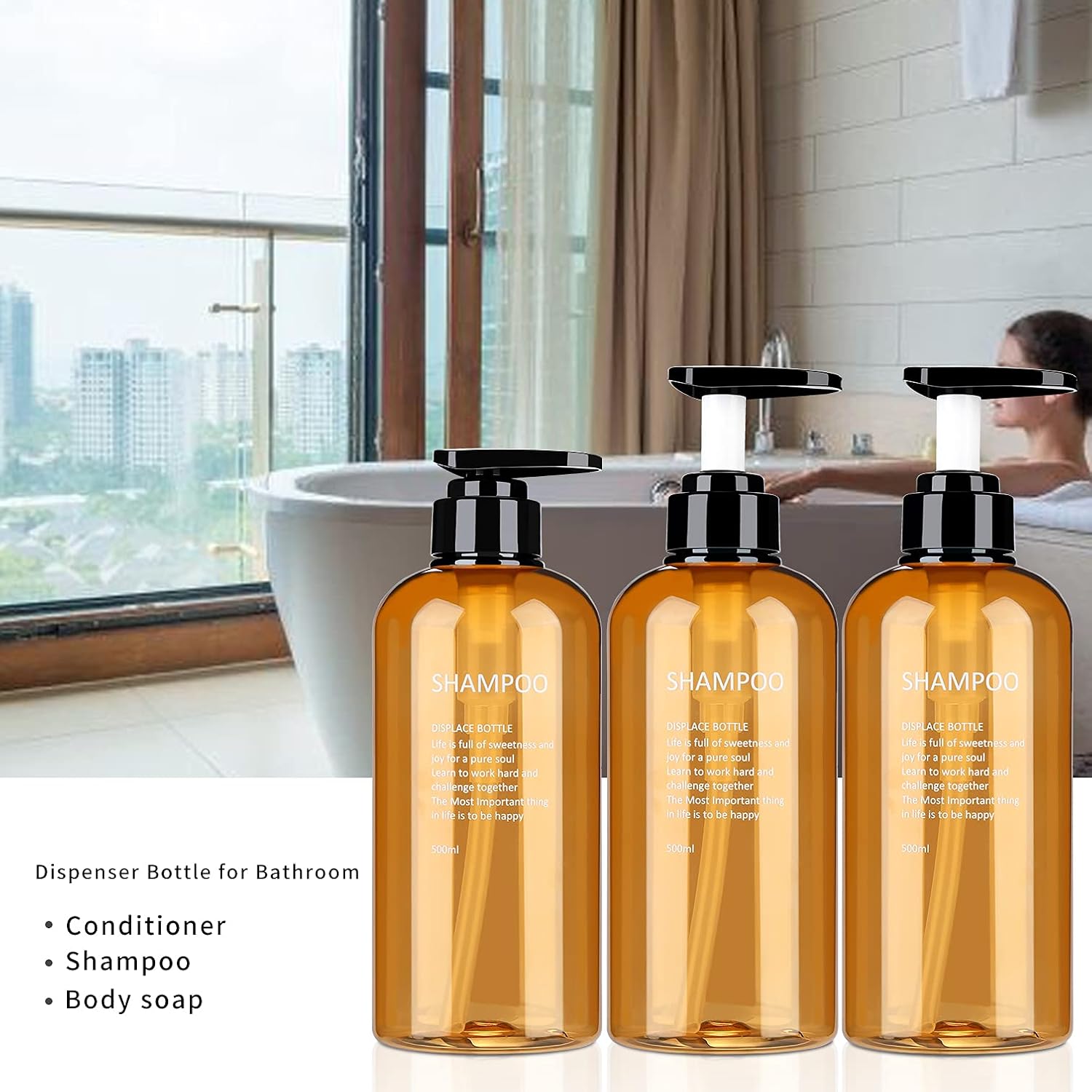 Shampoo and Conditioner Dispenser Bottles-3pcs 16.9oz Amber Plastic Empty Refillable Pump Bottle Containers Set for Bathroom Shower Body Wash