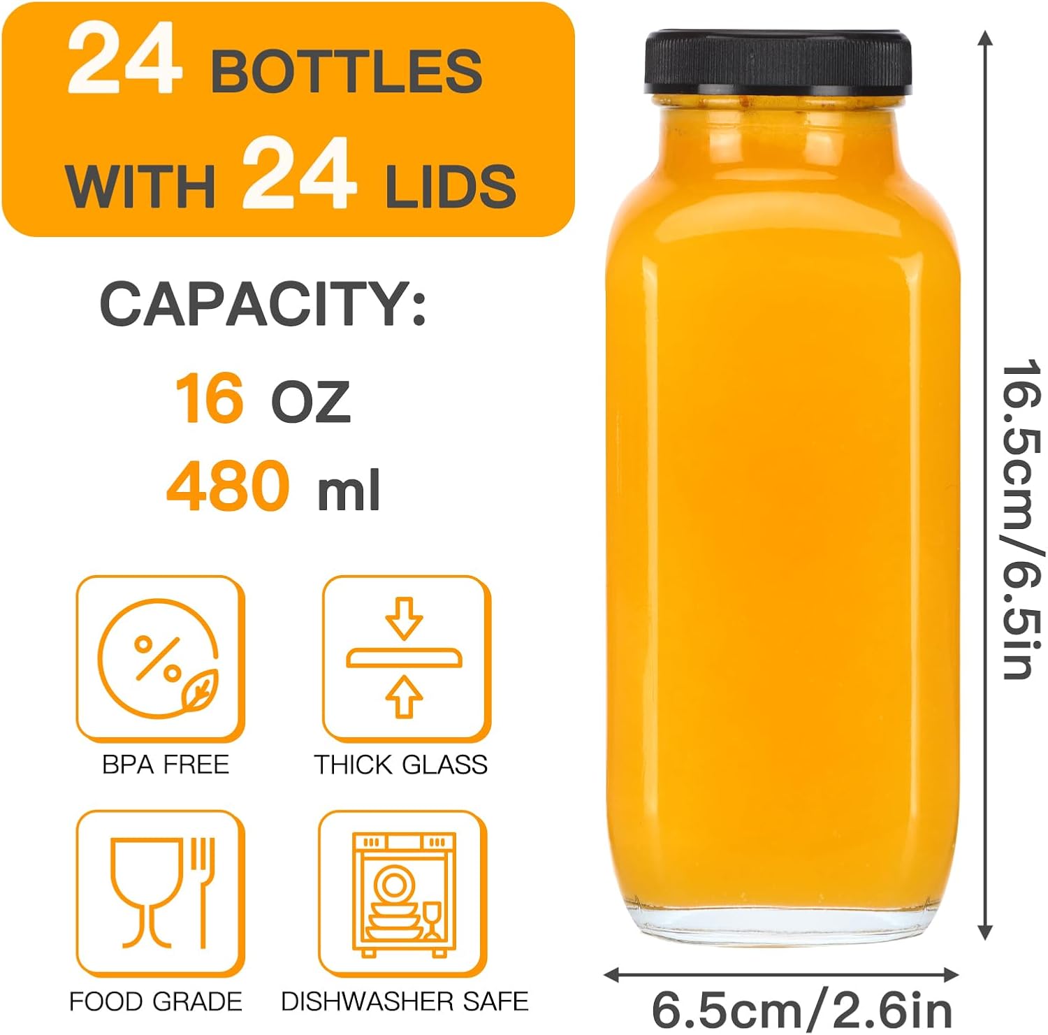 CUCUMI 24pcs 16oz Glass Juice Bottles with Lids, Reusable Vintage Glass Drinking Bottles with Blank Labels, Brush, Straws, Funnel for Storing Tea, Kombucha, Milk - Image 2