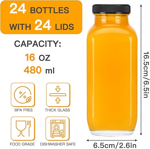 Miniatura 9 de CUCUMI 5 botellas de jugo de vidrio de 16 onzas con tapas, recipientes reutilizables para jugo, tarros de agua con cepillo, popotes de vidrio, tapas