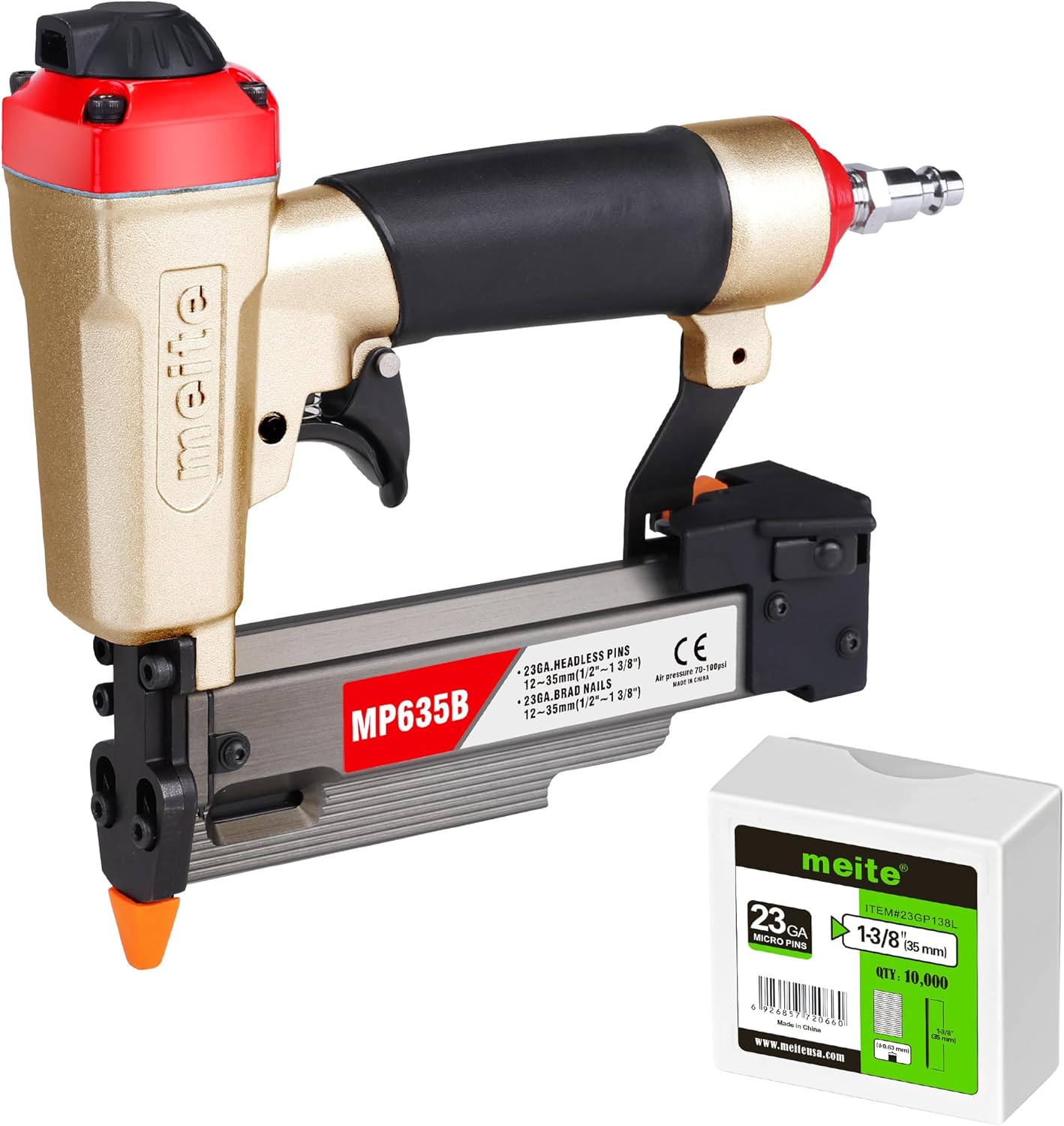 meite MP635B Pin Nailer with 10000pcs 1-3/8" Pin Nails, Pneumatic 23 Gauge Pin Nailer, Air Micro Pin Nail Gun, Fits 1/2" to 1-3/8" 23 Gauge Pin Nails, Ideal for Paneling, Small Trim