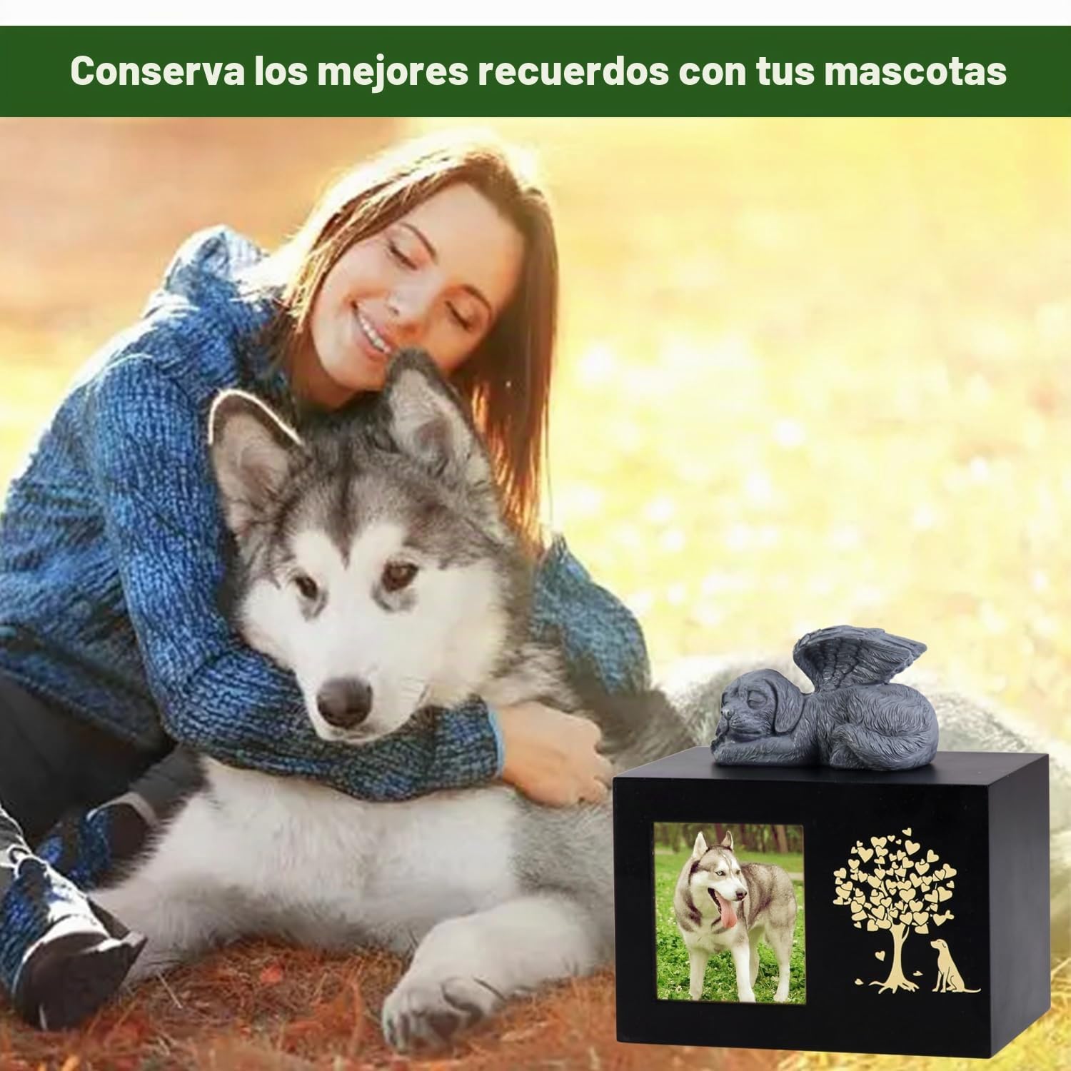 Urnas de cenizas para mascotas para memorial de perros, Urnas de cremación funerarias grandes de madera con marco para fotos, caja conmemorativa de recuerdo con forro de franela negra, regalo