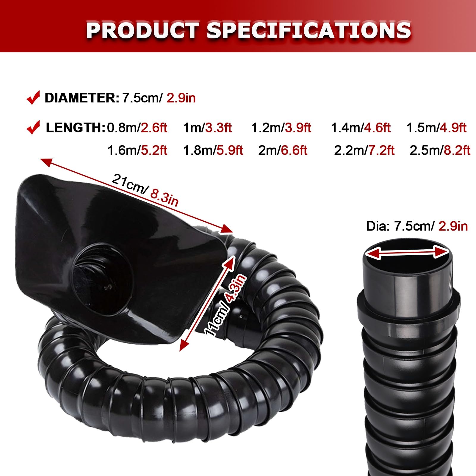 Manguera Flexible articulada para extracción de Humos con Capucha, Ideal para Sistemas de extracción de Aire, Humo y Polvo, con Brazo Ajustable de 360°, Color Negro (diámetro de 7,