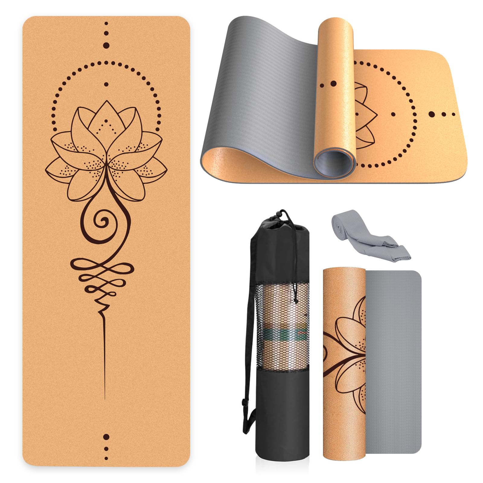 Haninj® Yogamatte Kork – Rutschfeste Yoga Matte, Einzigartiges Design, Naturkautschuk TPE Gymnastikmatte, Trainingsmatte mit Tragetasche & Gurt, für Zuhause, Pilates, Aerobic Fitnessstudio und Workout