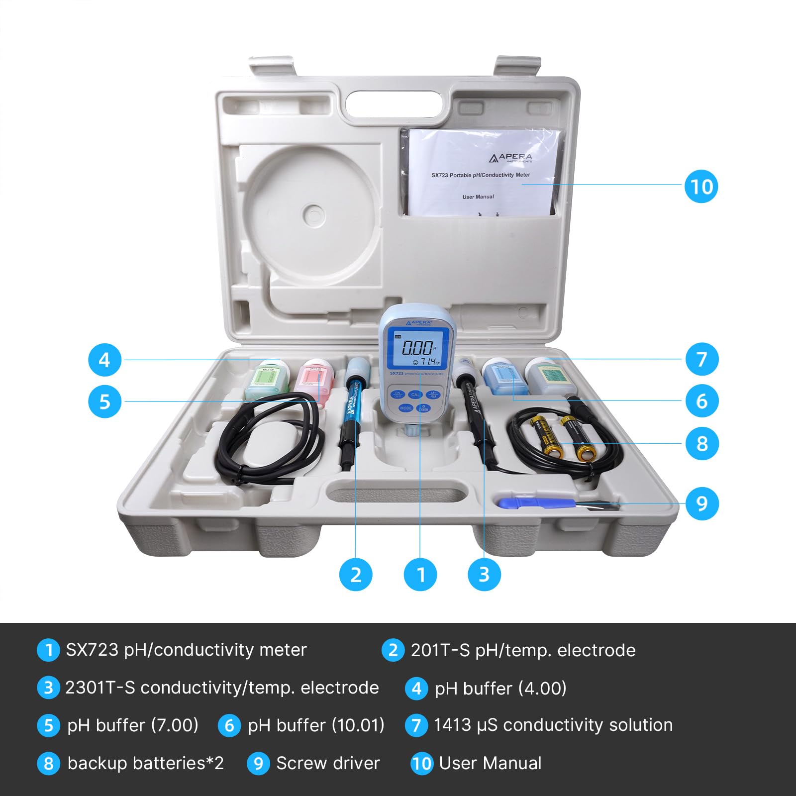 Apera Instruments SX723 pH/mV/Conductividad/TDS/salinidad/resistividad/temperatura. Kit de medidor multiparámetro portátil de mano