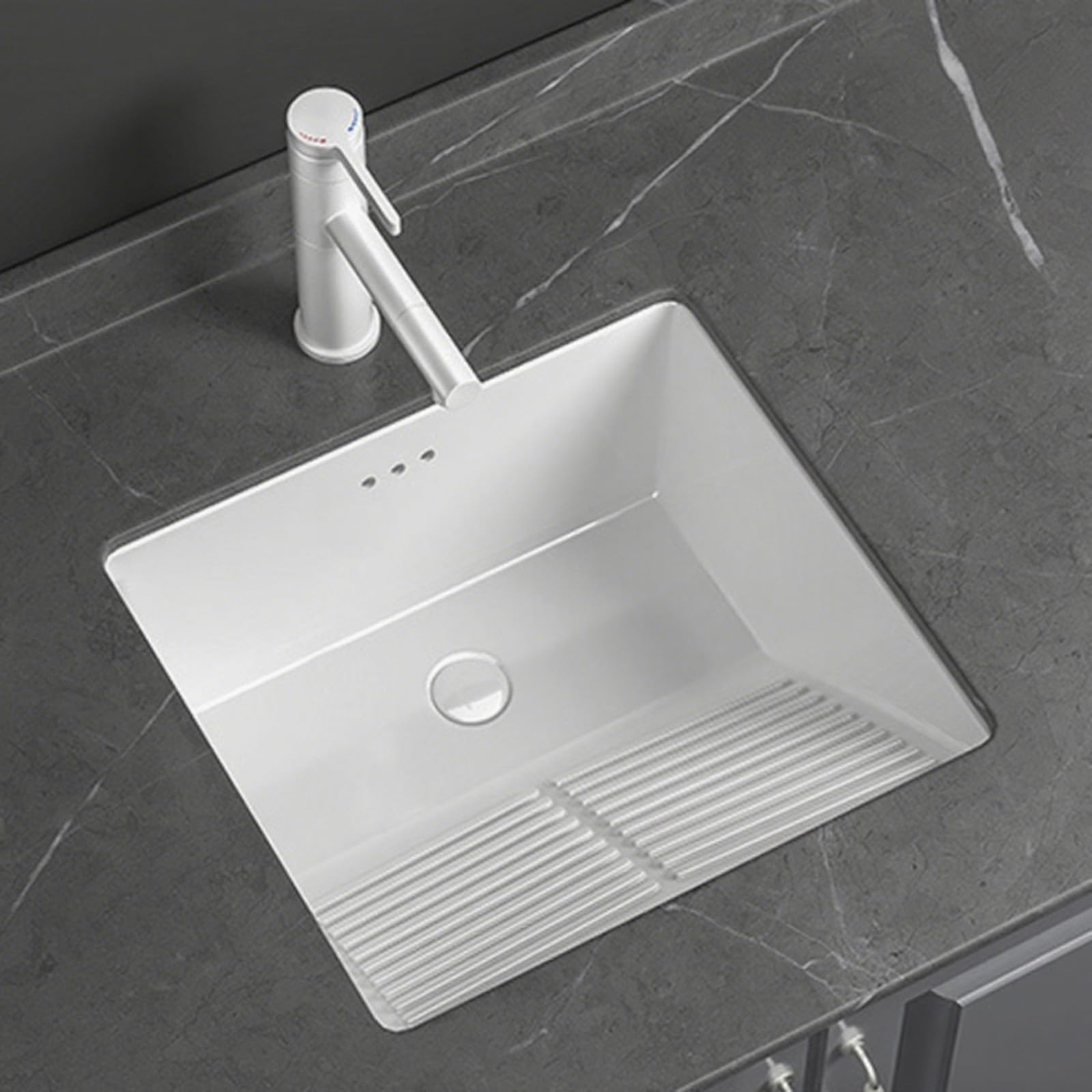 Fregadero de cerámica para baño con lavabo, lavadero de porcelana y fregadero de baño con desbordamiento y escurridor