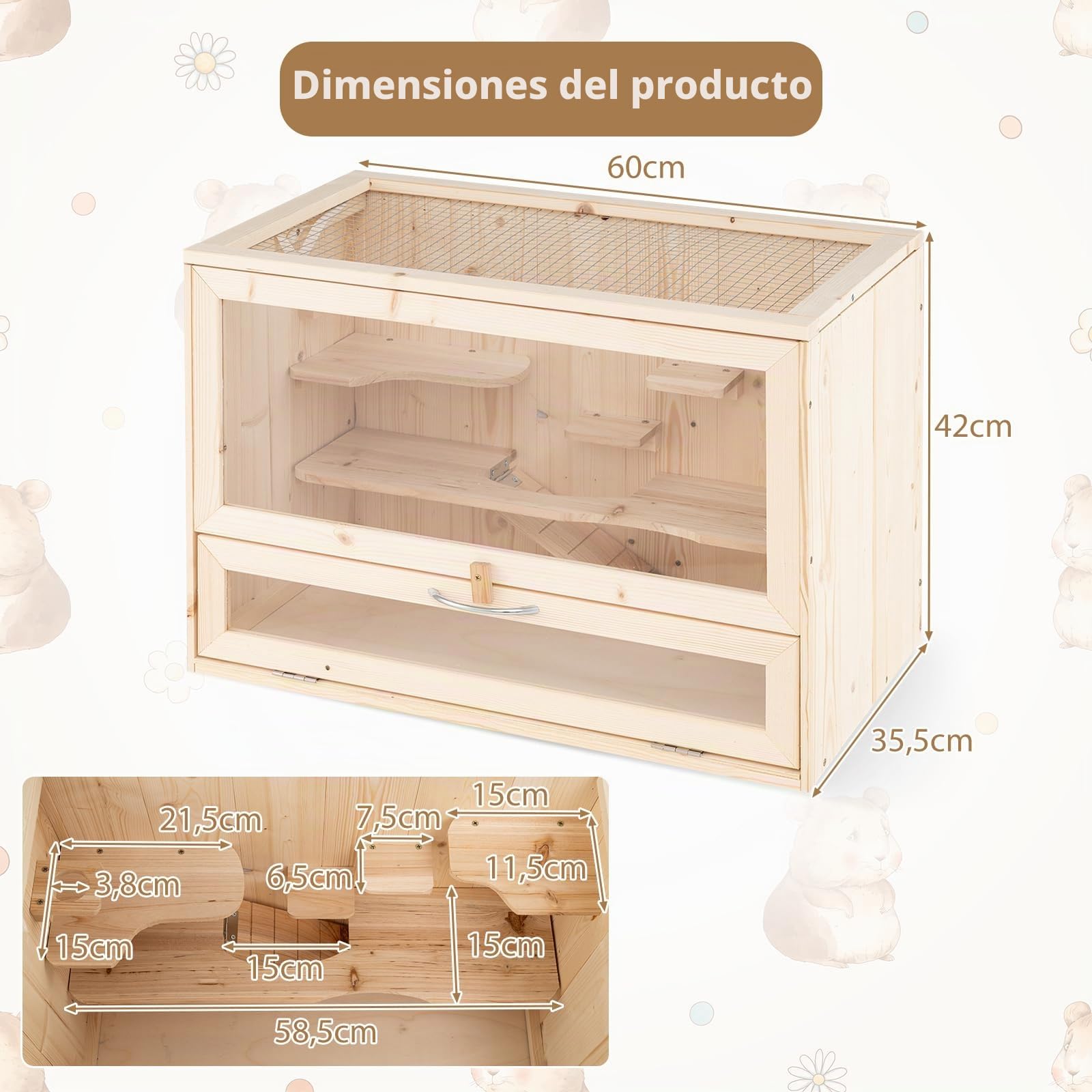 GYMAX Jaula de Madera para Hámster, Casa para Hámster con Techo Abatible de Malla, Paneles de Acrílico Transparente, Múltiples Niveles y Zonas de Juego, para Mascotas, 60 x 35,5 x 42 cm