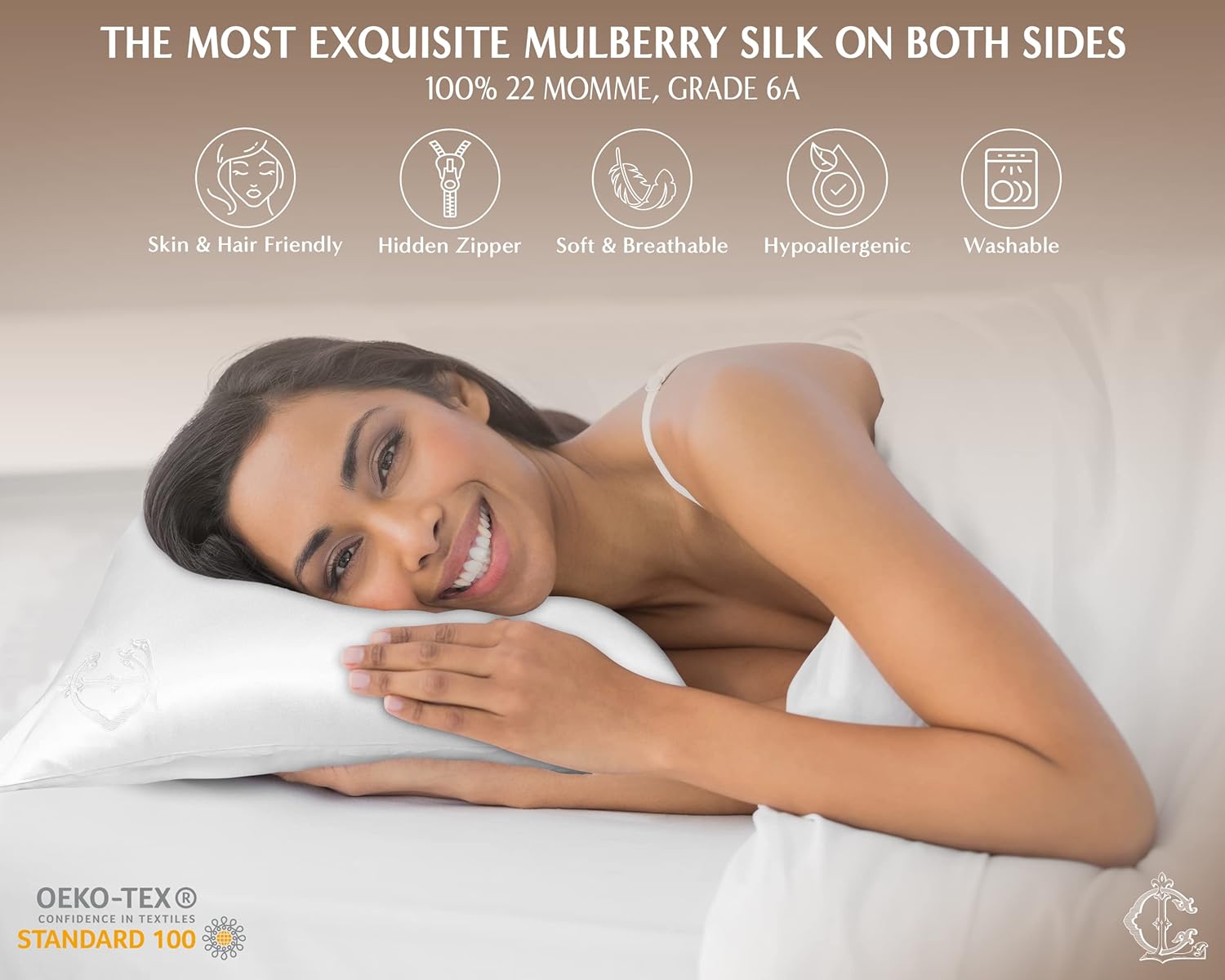 100% Mulberry Silk Pillowcase for Hair and Skin on Both Sides, Grade 6A 22 Momme, Acne Free Cooling Pillow Cover for Sleeping, Hidden Zipper, 1 Piece (Queen 20x30, White)