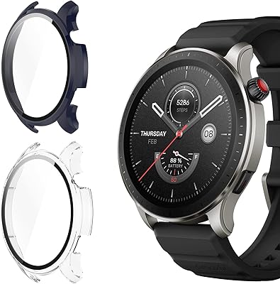 Compatible with Amazfit GTR 4 Case, Lamshaw Hard PC Bumper Case Cover with Tempered Glass Screen Protector Compatible with Amazfit GTR 4 Smart Watch, Ultra-Thin Scratch Resistant Overall Protective Cover (2 PACK-Blue+Clear)