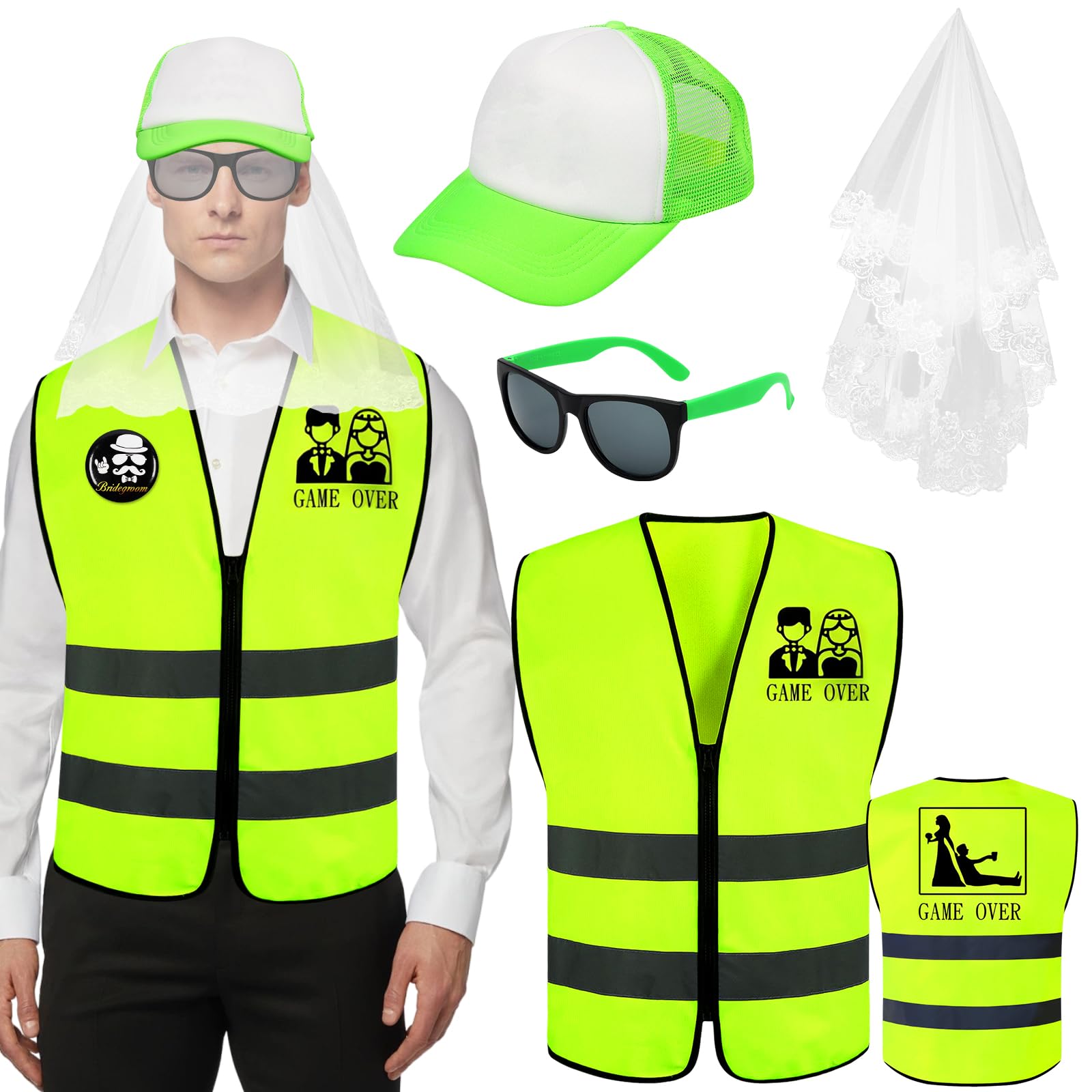 Jga - Chaleco para hombre, disfraz de despedida de soltero, juego de disfraz de JGAWeste para novio, sombrero, insignia, gafas y velo, divertido regalo para hombre, accesorios de despedida de soltero