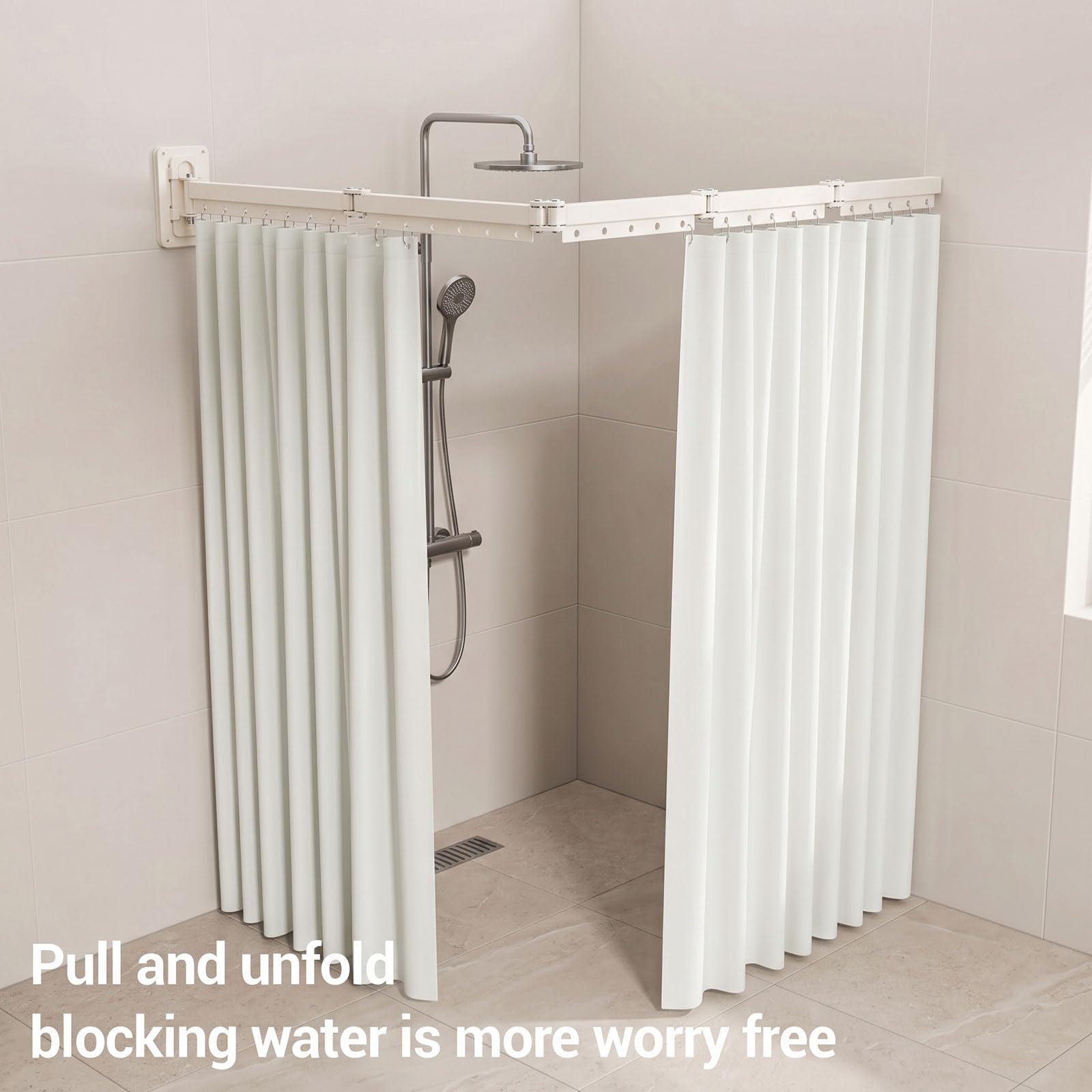 Barra de cortina de ducha sin taladrar, 1,8 m x 194 cm, barra de cortina de esquina plegable con ventosa, forma L/U, estable y ajustable para cortina de ducha de esquina, accesorios de baño (blanco)