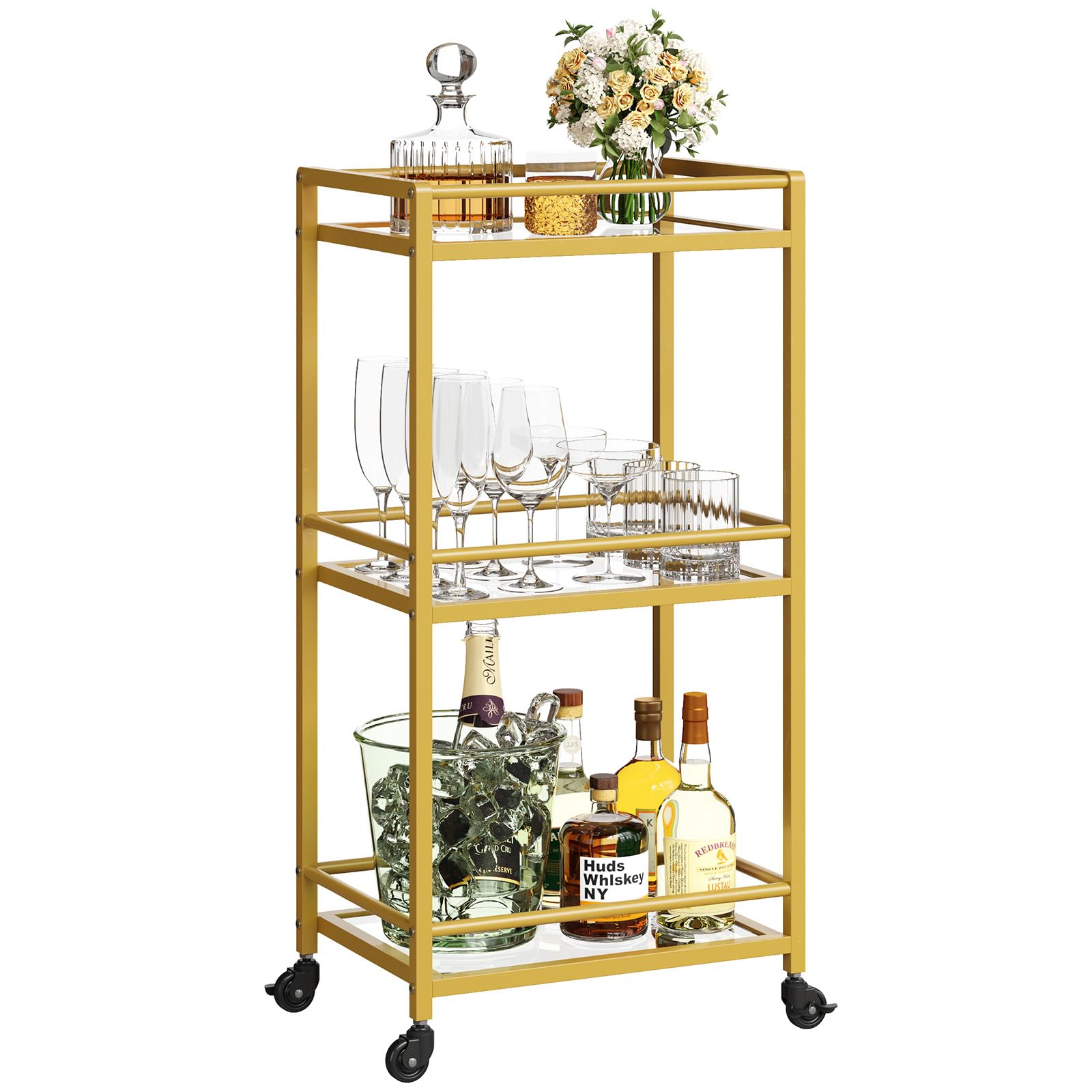 LifewitDrink Trolley, Rolling Bar Cart with 3 Tier Glass Shelves, Serving Wine Trolley on Lockable Wheels, Alcohol Cocktail Beer Trolley for Kitchen Living Room, Gold