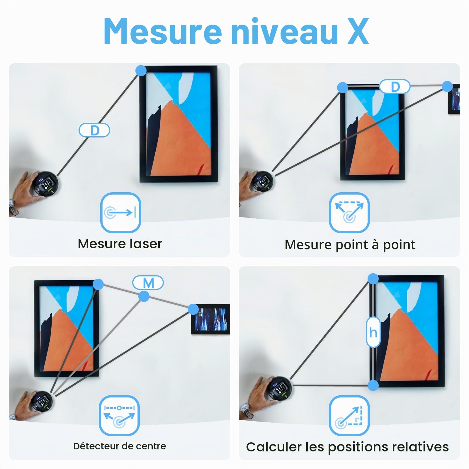 Hozo M-Cube02 Niveau laser avec mesure verte de 50 m, rotation à 360° pour mesure P2P et détecteur de centre, support mural pour accrochage d'images, rénovation, bricolage, application Bluetooth