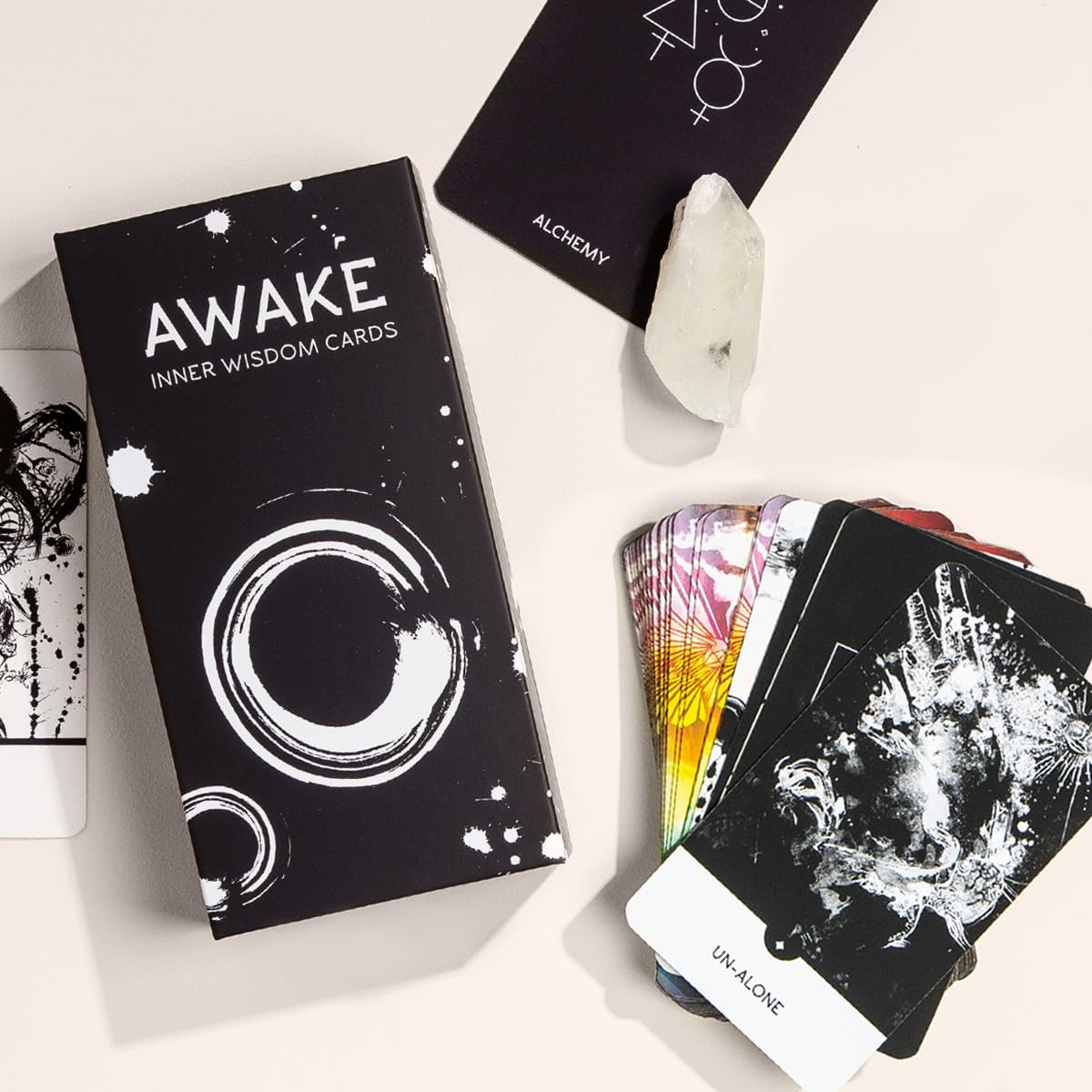 Awake: Inner Wisdom Cards, Set of 44 Cards with Holographic Gold Foil Edging, Guidebook, and Crystal in Gift Box, 6.75" x 3.5"