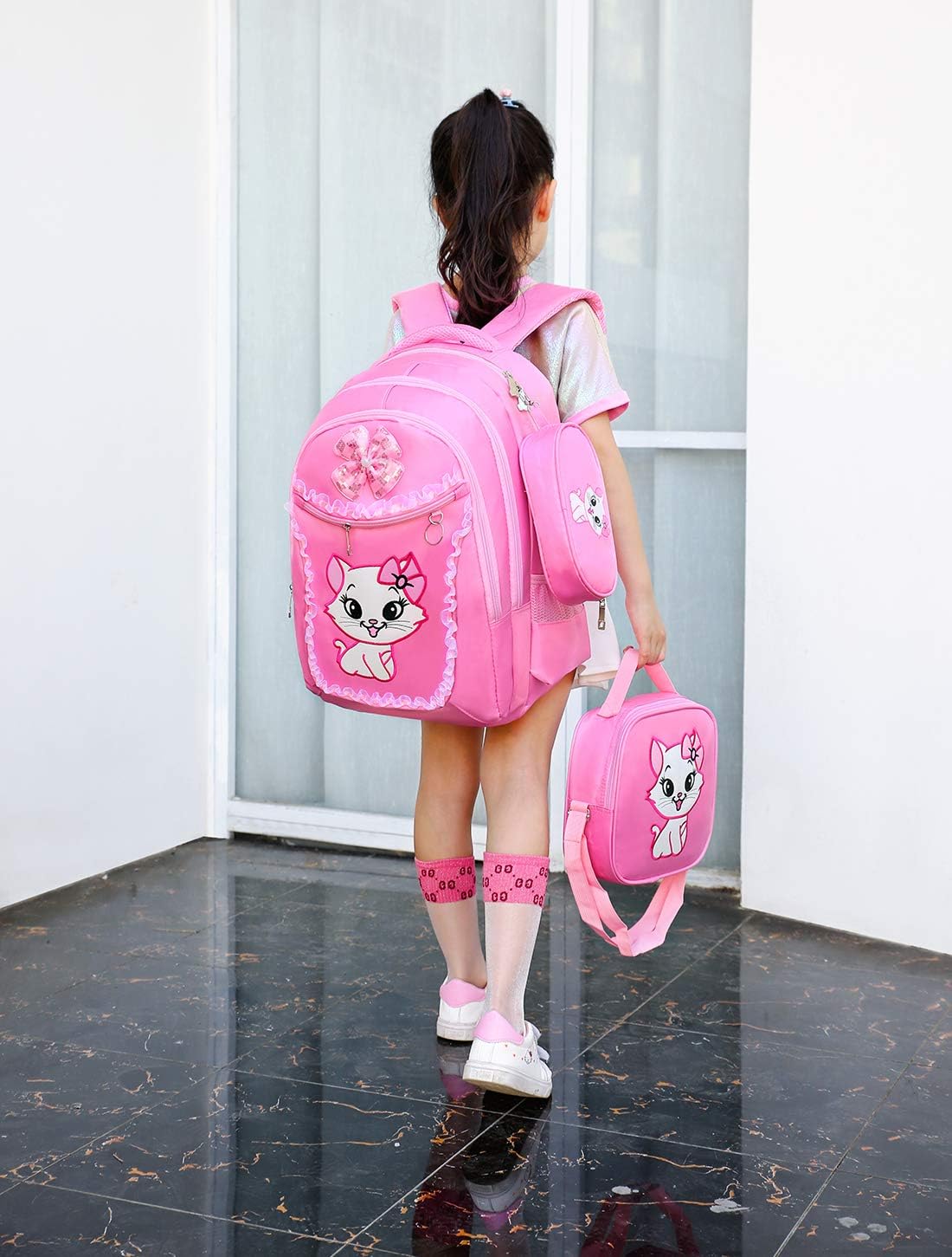Cute Cat Printing Lace Backpack Lightweight Princess School Bag Kids Bookbag Handbag Pen bag Set for Primary Girls (Large, Pink1(backpack+handbag+pen bag)) - Image 7