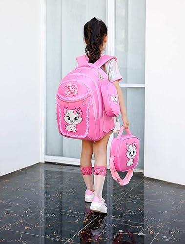 Miniatura 7 de Lindo gato impresión encaje mochila ligera princesa escuela bolsa niños bolsa pluma conjunto para niñas primarias, rosado1, Grande, Computadora