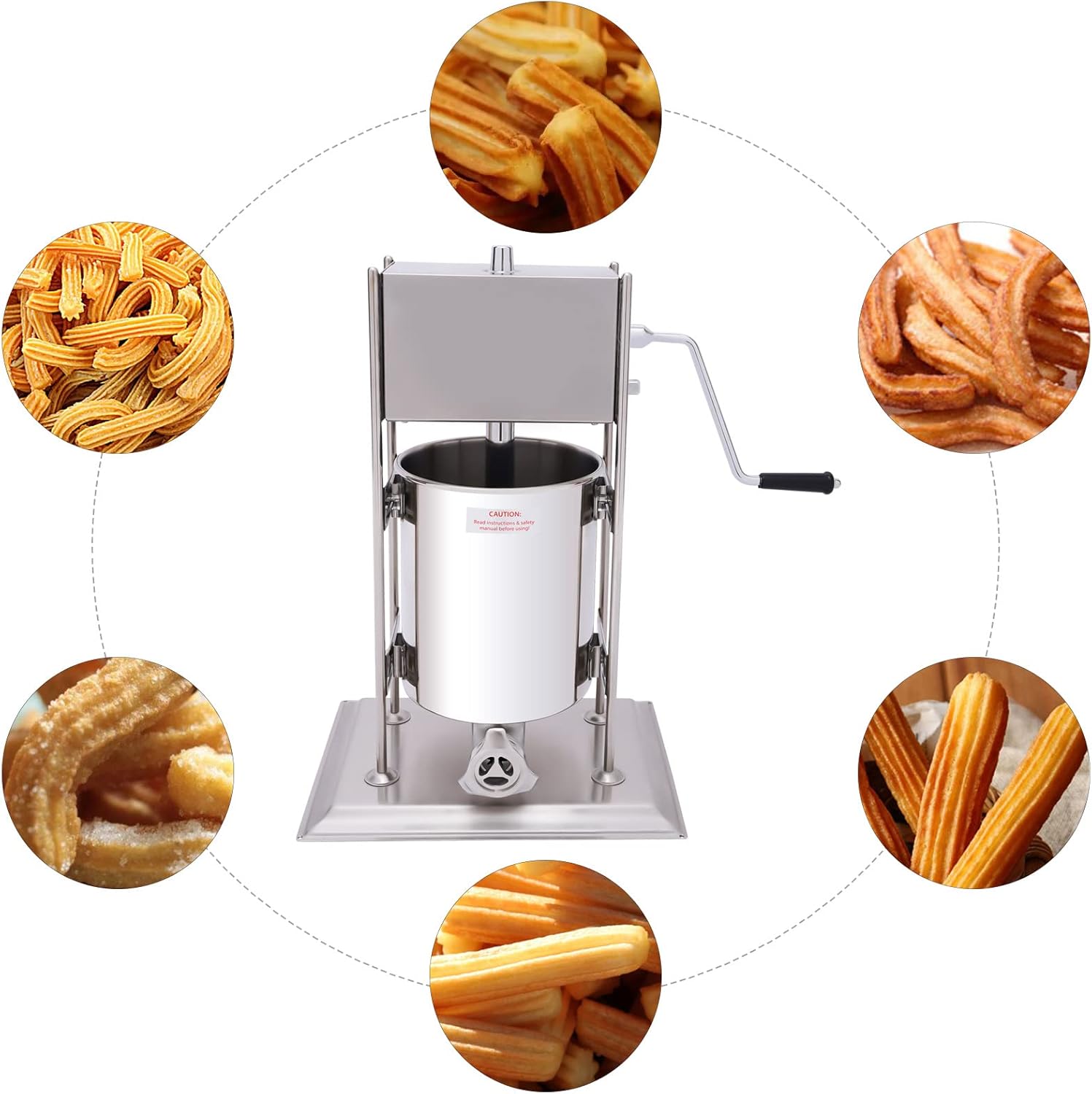 10L Commercial Manual Churros Maker, 2 in 1 Vertical Sausage Stuffer Stainless Steel Latin Fruit Machine with 4 Nozzles for Homes Restaurants Bakeries