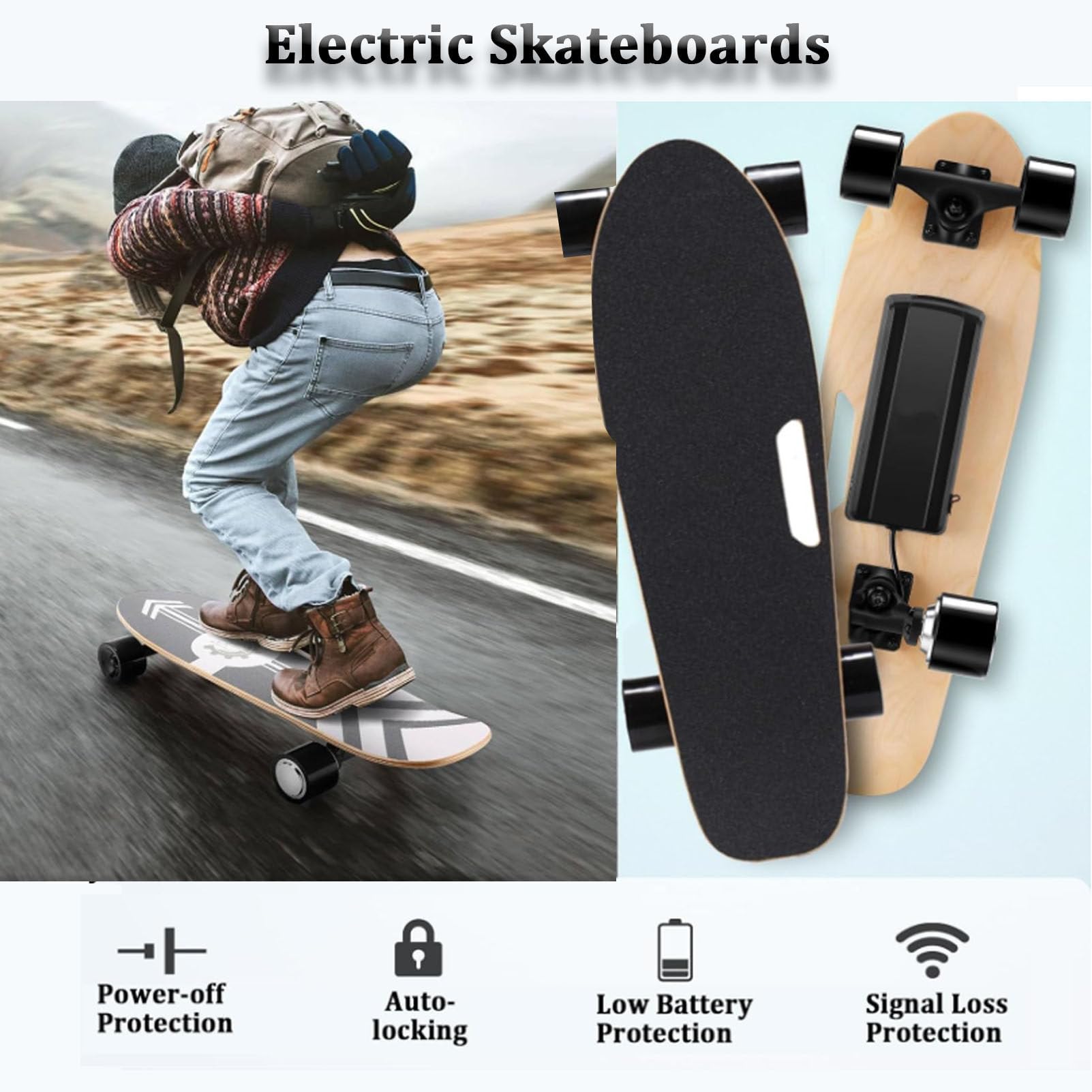 Skateboard elettrico con telecomando, longboard elettrico da 350 W per bambini e adulti, velocità massima 13,67 MPH, autonomia 8 miglia, 7 strati di acero, 3 marce regolabili per principianti