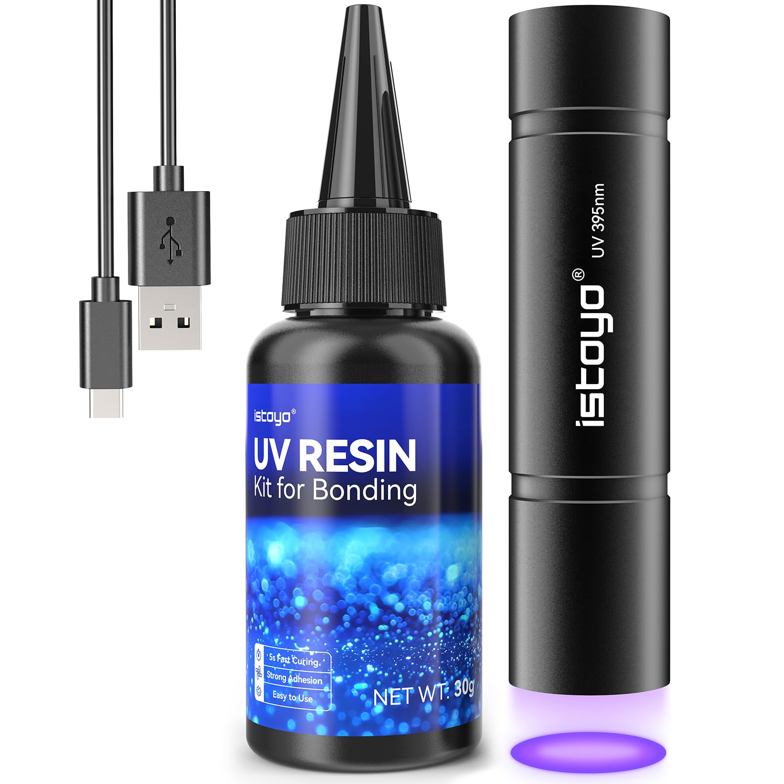 ISTOYO UV Resin Set mit UV Lampe, 30g UV Harz mit 395nm Taschenlampe, 3W USB C Wiederaufladbar, Schnellhärtung in 5 Sekunden für Verklebung, Schmuck, Kunststoff- oder Glasreparatur, Fleckenerkennung