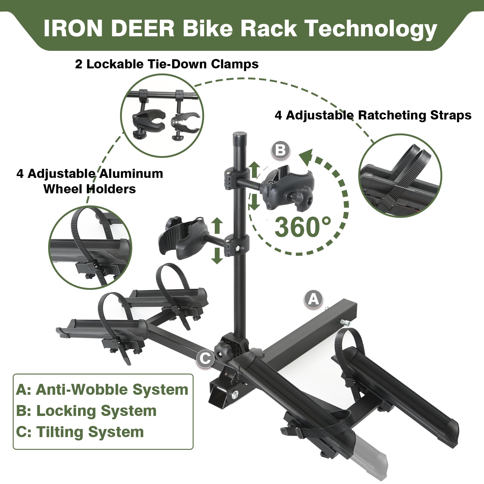 Rider X Hitch Bicycle Rack for 2 Bikes, Bike Rack for Cars SUVs Trucks, Anti-Wobble Locking Bike Rack for Tow Hitch with 2 Inch Receiver, Bike Carrier Platform Fits 16'' to 29'' Bikes
