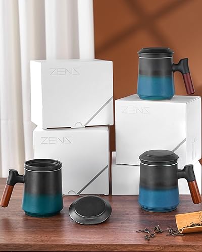 Vista 15 de ZENS Taza de té con infusor y tapa para remojar hojas sueltas, taza infusor de té de cerámica en relieve de 16.9 onzas, difusor de té con mango