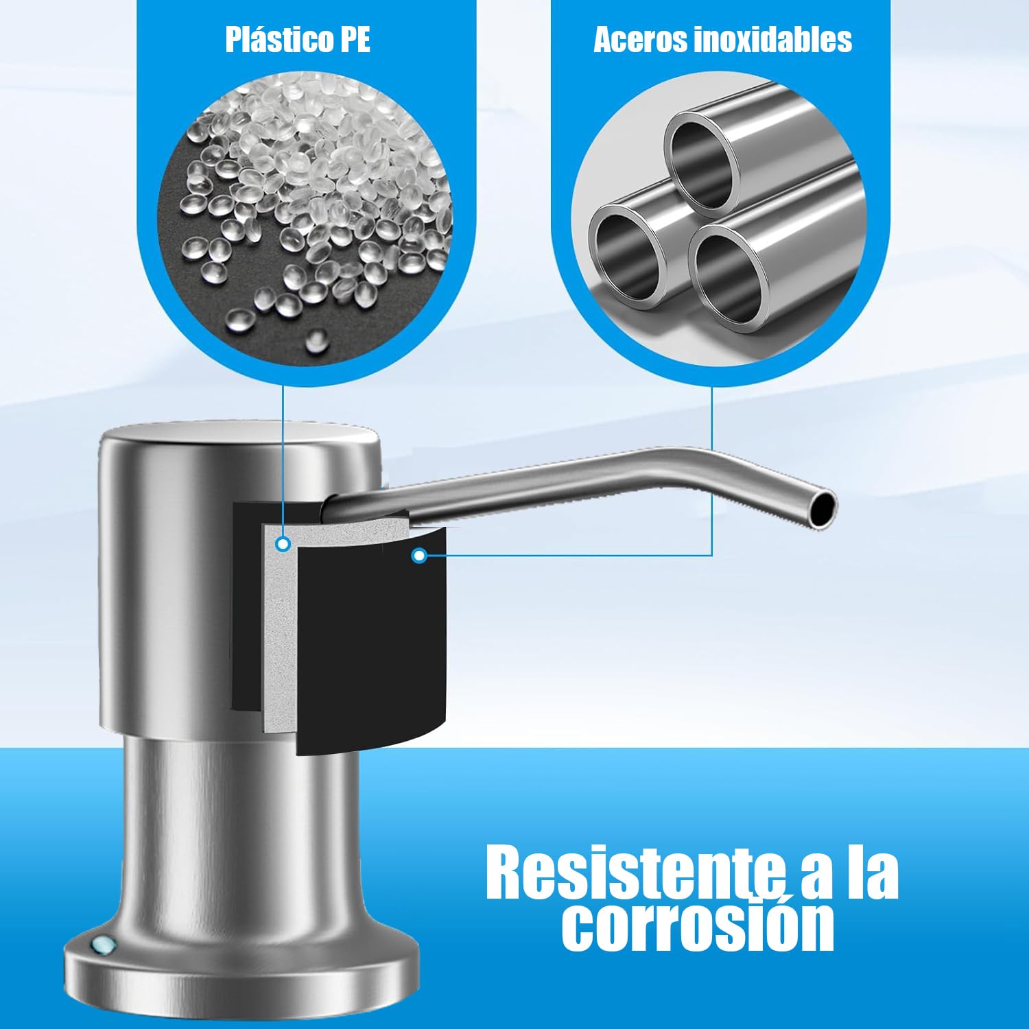dispensador jabon Cocina bajo encimera.Dispensador de jabón de Cocina de Acero Inoxidable, dispensador de jabón de Fregadero. Dosificador de jabón Empotrado con Tuerca.Plata